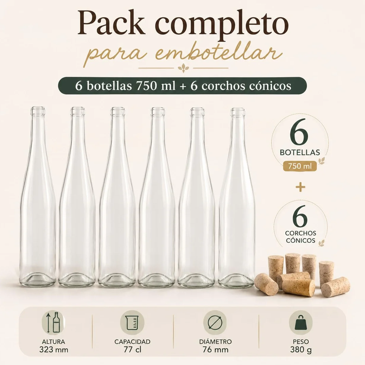 Botellas Vacías para Vino 750 ml Vidrio Transparente Pack 6 Corcho Cónico