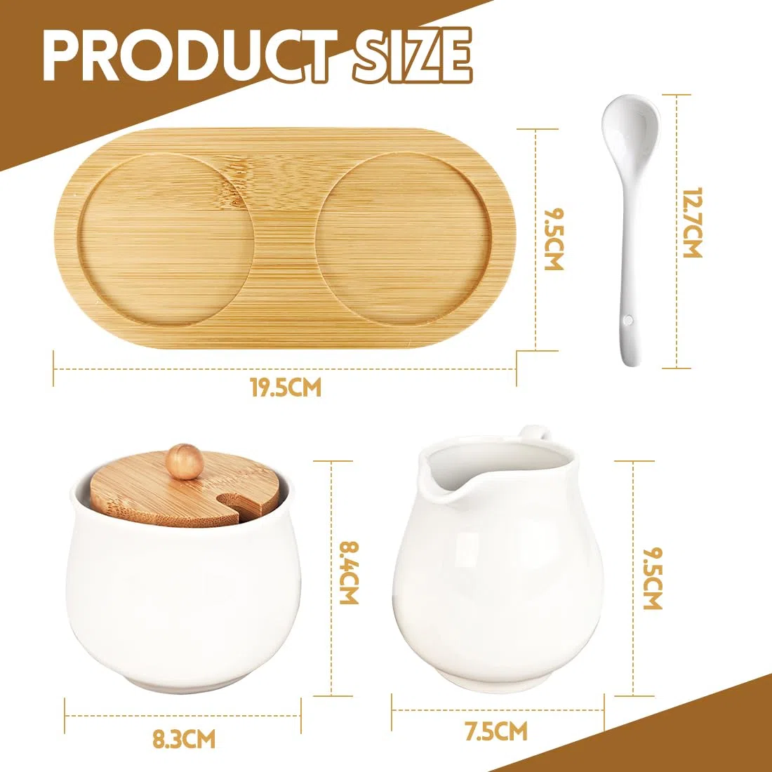 Juego de Leche y Azúcar, Jarra de Porcelana Blanca y Azucarero con Tapa y Cuchara, Recipiente de Cerámica con Bandeja, Apto para Lavavajillas