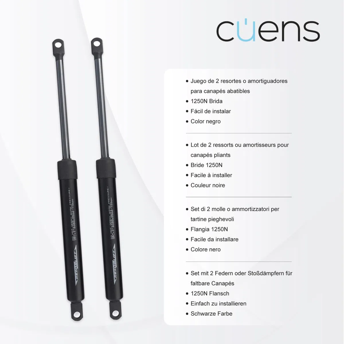 Juego de 2 amortiguadores o Resortes de Gas para canapés de 1150N - Brida M-8 - Ideal para canapés de 135cm - Cuens