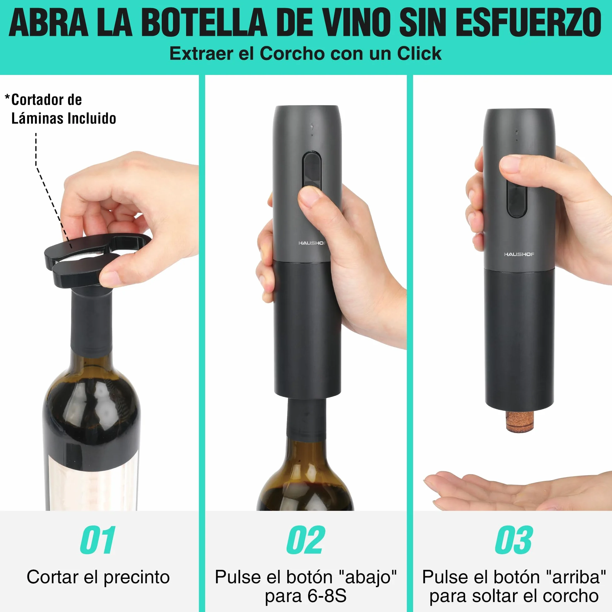 HAUSHOF Sacacorchos Eléctrico Recargable 6 en 1, Abridor de Vino Automático con Cortador de Láminas, Tapón al Vacío, Vertedor, Cable USB-C y Base