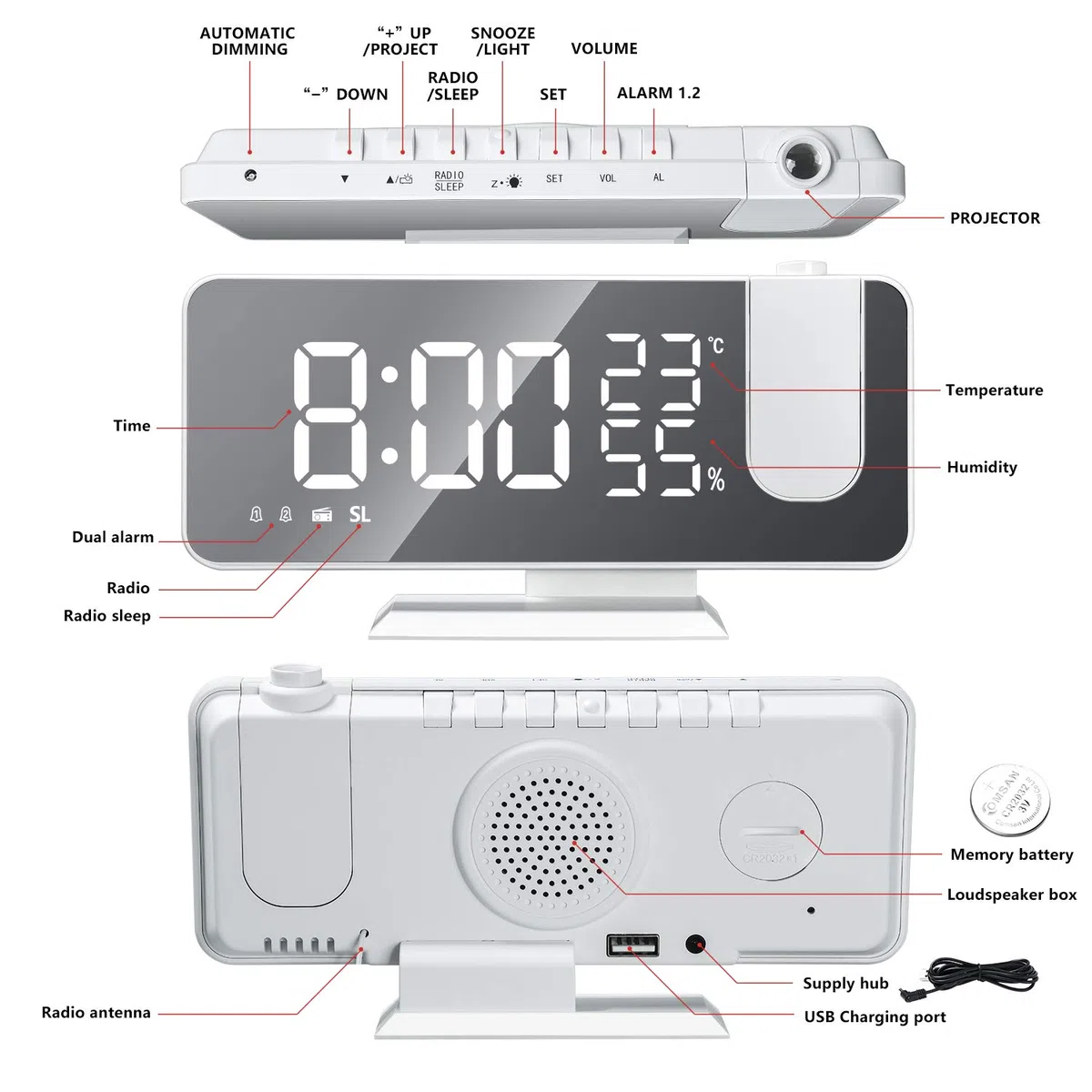 DollaTek Radio LED Projection Alarm Clock Digital Temperature Humidity White