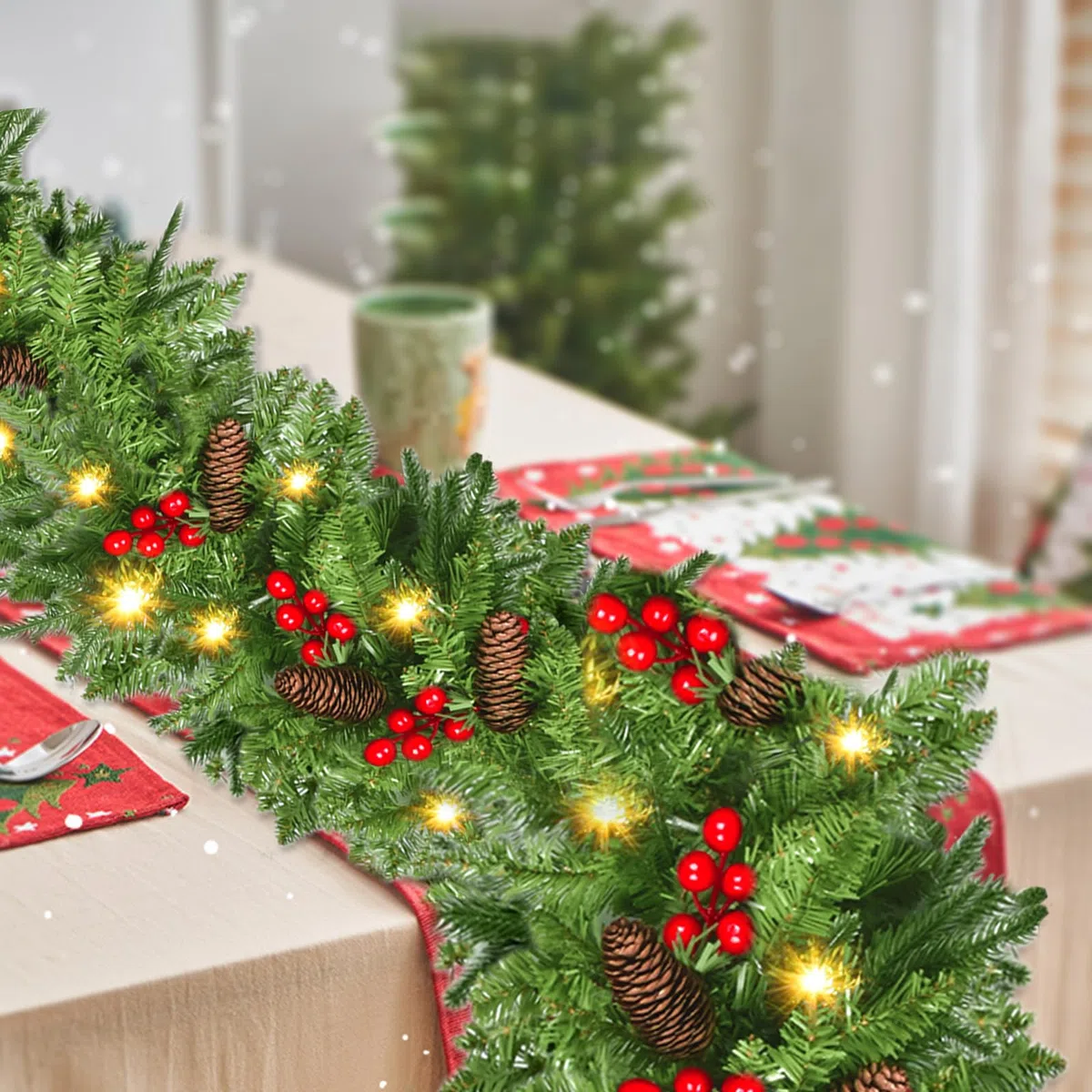 NUZEKY Guirnalda de Navidad 2,7m con 30 Luces LED Abeto Exterior Flores Bolas