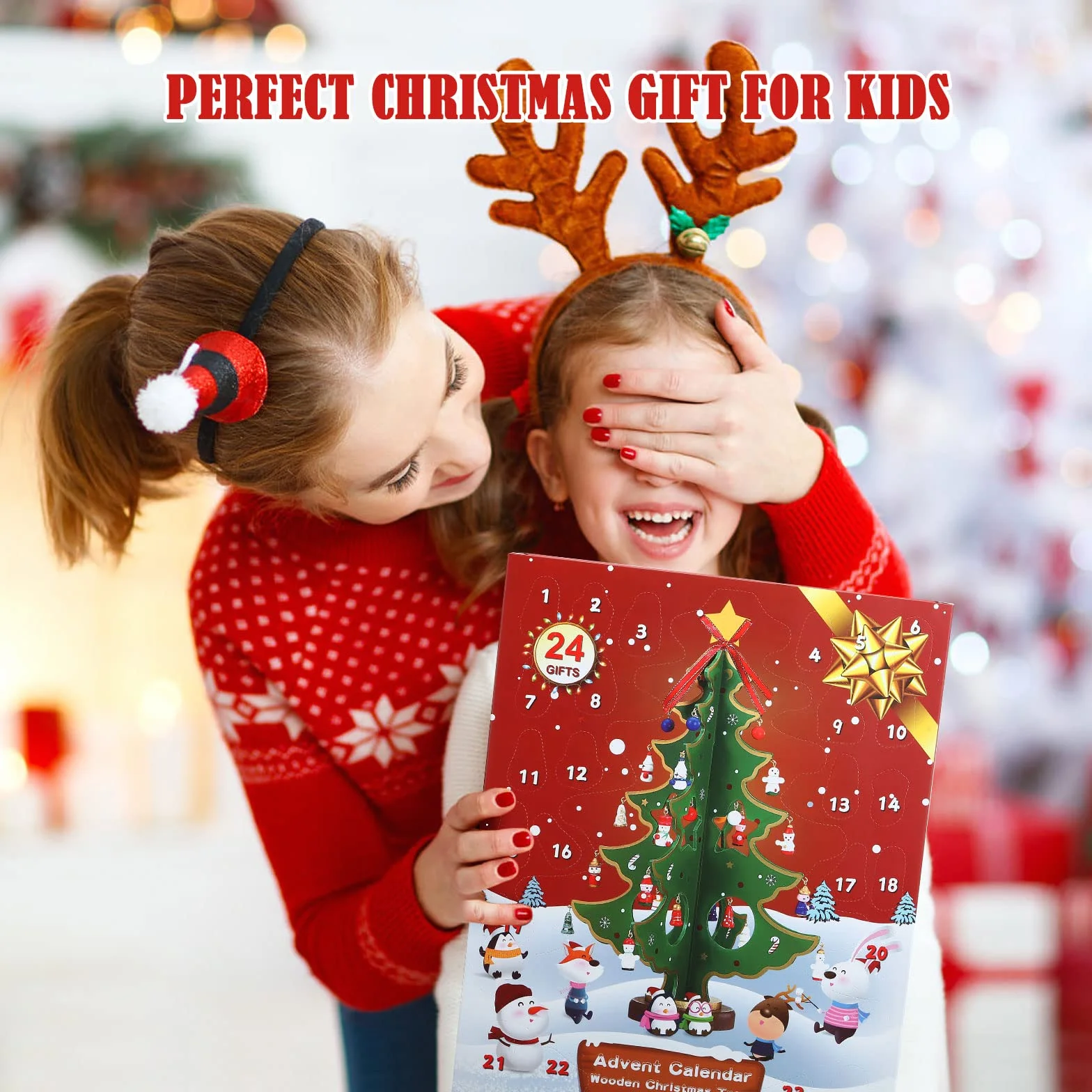 LEMESO Calendario de Adviento Árbol de Navidad Madera 3D con 24 Decoraciones Colgantes 35,5cm