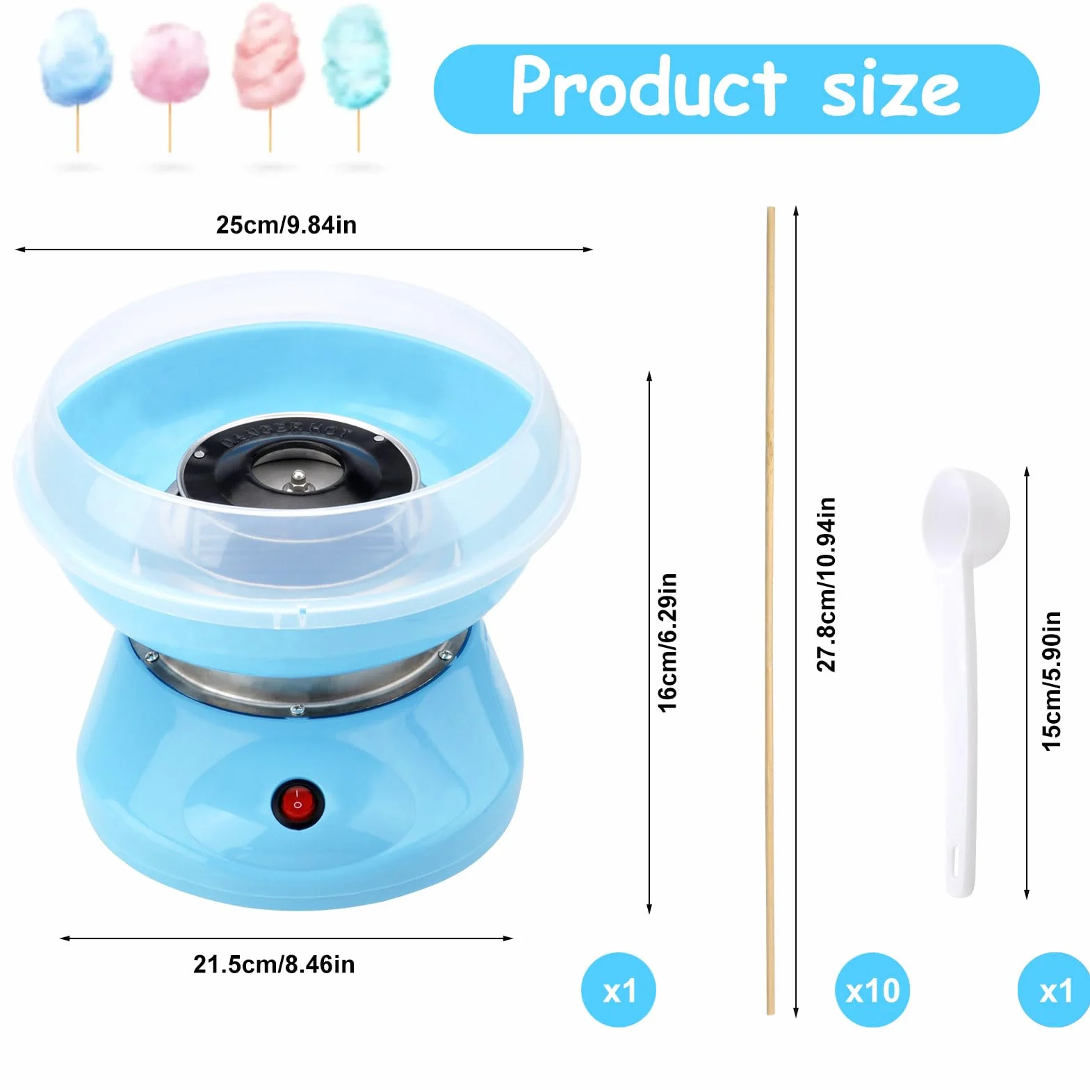 DAWRIS Máquina de algodón de azúcar para niños azul con 10 varillas y cuchara medidora