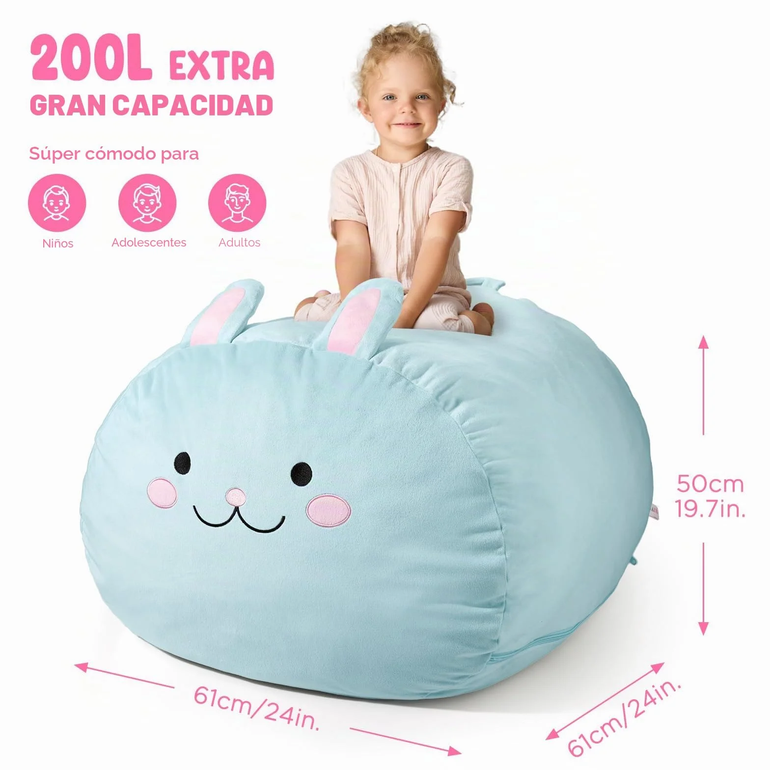 GAGAKU Saco de Almacenamiento para Peluches Conejo Azul 200L Bolsa Puff Salon XXL para Juguetes Habitación Infantil Gran Saco Asiento Rellenable con Cremallera de para Organizador Peluches - Azul