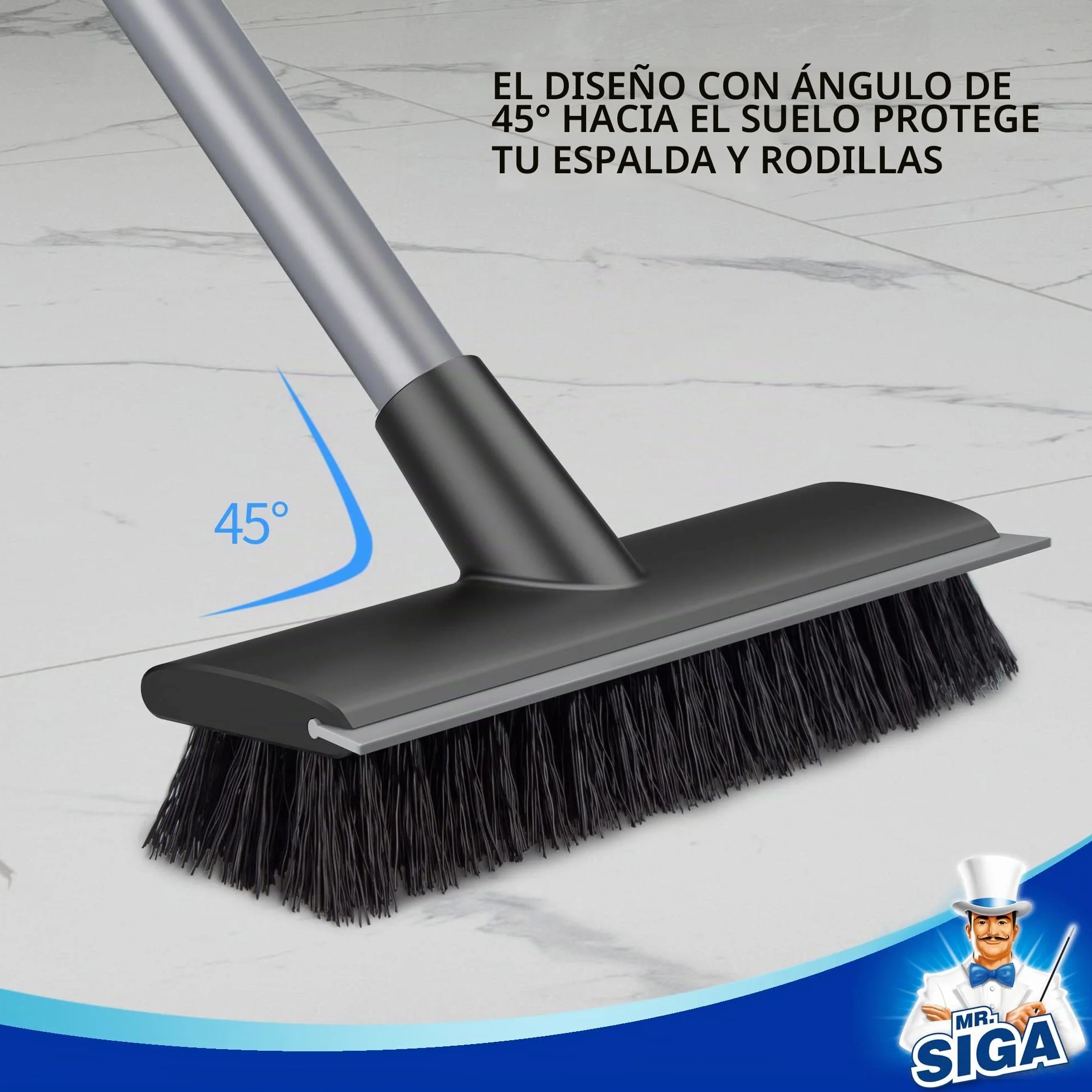 MR.SIGA Cepillo de Limpieza de Suelo con Mango Largo, 2 en 1 y escobilla de Goma para Limpiar baño, Patio, Garaje, Pared, Cepillo de Limpieza de Azulejos con cerdas rígidas