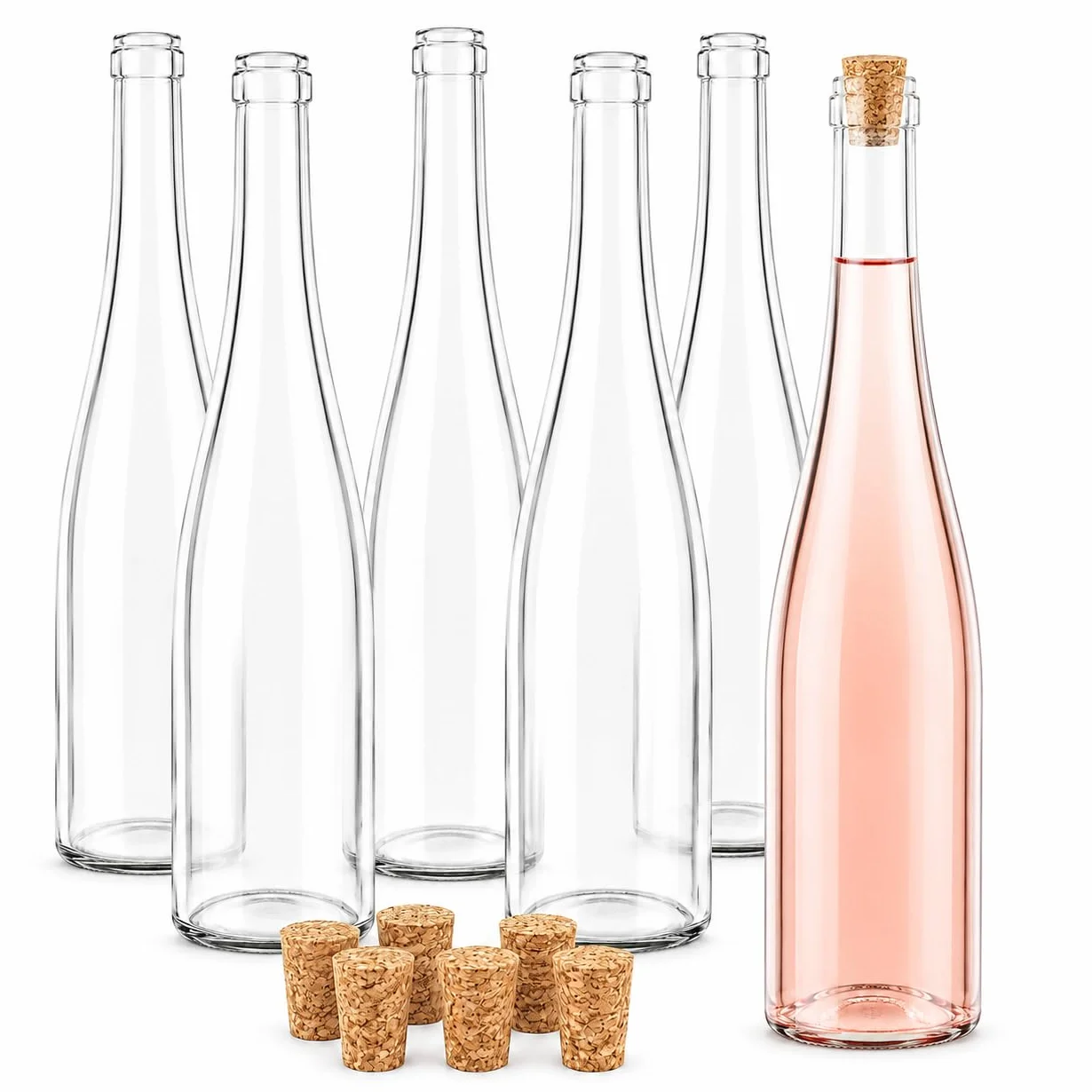 Botellas Vacías para Vino 750 ml Vidrio Transparente Pack 6 Corcho Cónico
