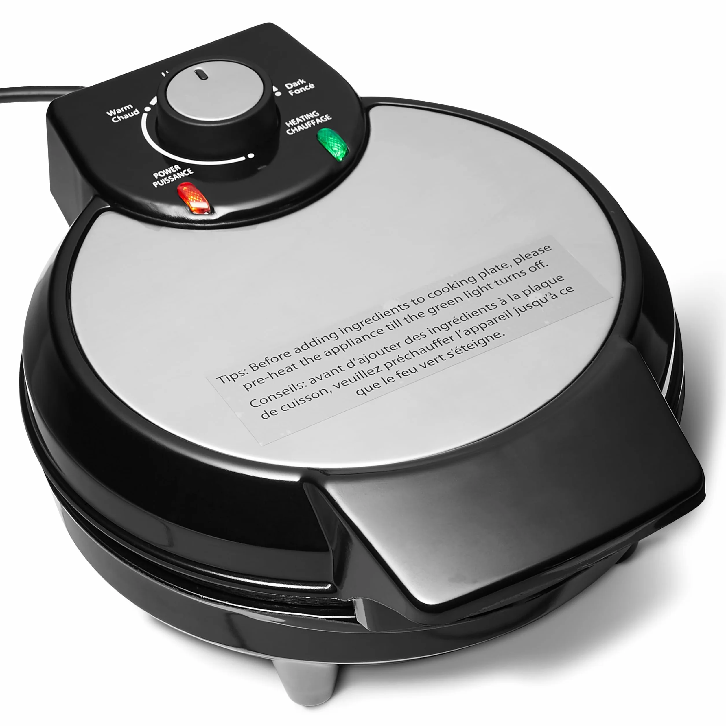 Amazon Basics Máquina para Hacer Gofres con Placa Redonda Antiadherente de Cerámica de 20cm, Control de Dorado, Negro