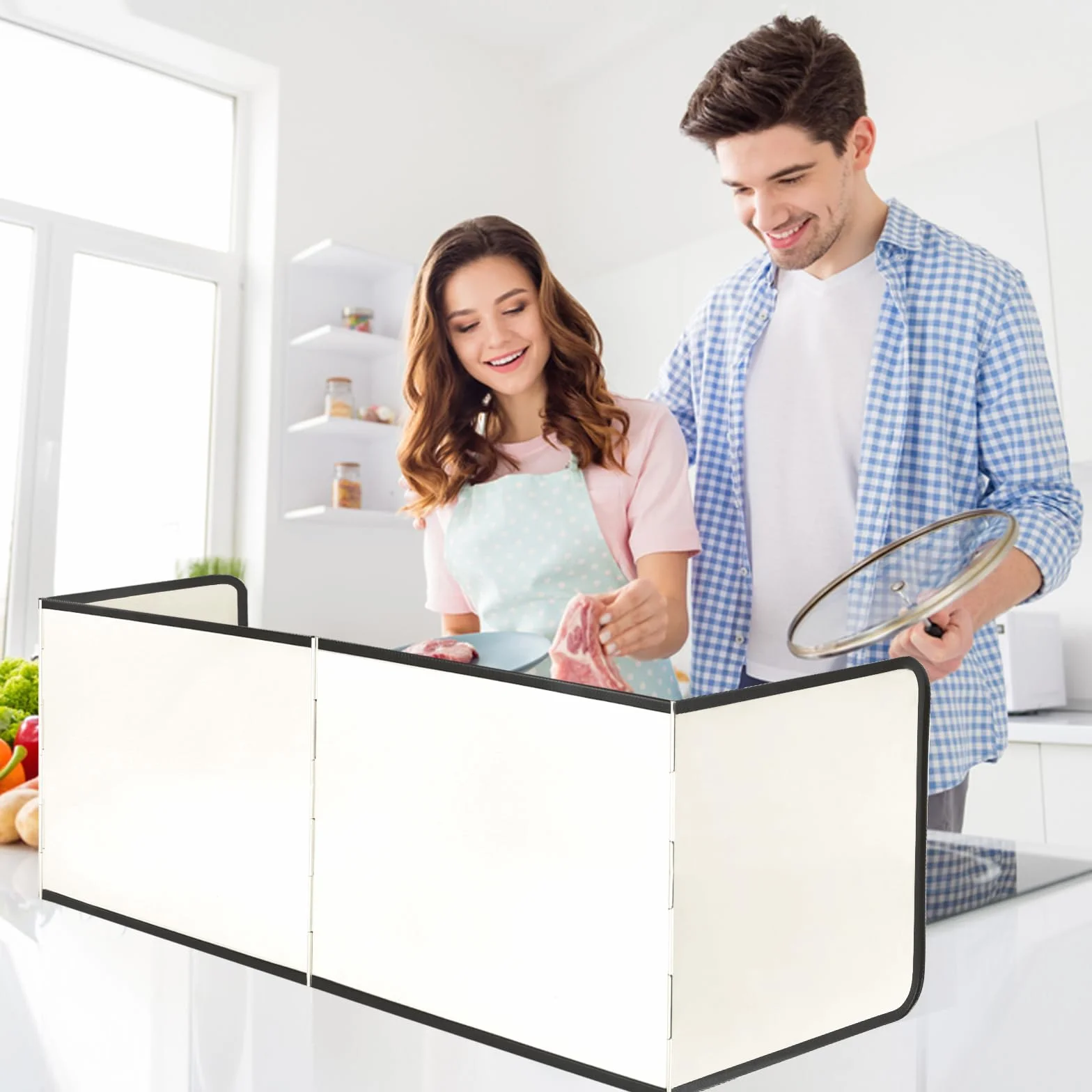 FoiiLiio Protector Salpicaduras Cocina, Protector Salpicaduras Pared con Revestimiento Antiadherente, 4 Lados Antisalpicaduras Cocina, Plata, Plegable, para Cocina, Asado, Fregadero (Beige)