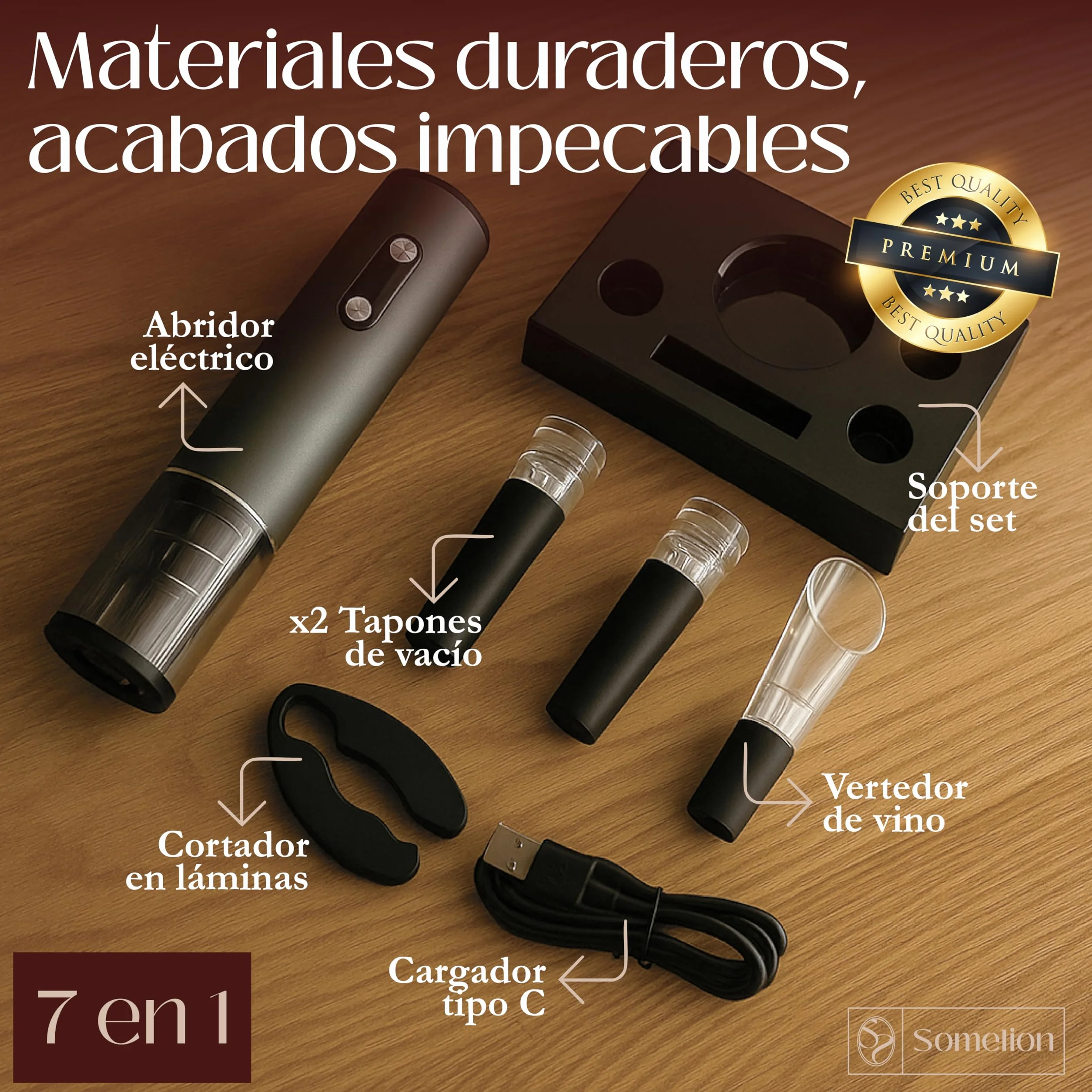 Abridor Electrico de Vino con Pantalla de Bateria Set 7 en 1 con Base Accesorios Vacio Vertedor Carga UsbC Apertura Rapida 6 A 10 Segundos Regalo Ideal Portatil Facil de Usar Diseño Premium en Español