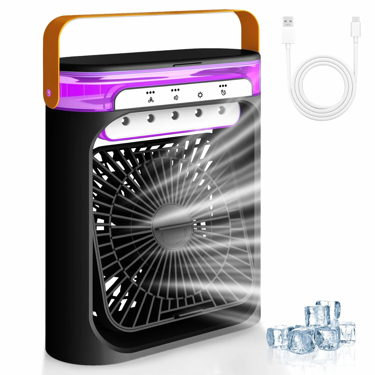 Mini Aire Acondicionado Portatil 4 en 1 Enfriador de Aire Pequeño con 600 ml Tanque, 3 Velocidades, 3 Nebulización, 2-6H Cronometrado, 6 LED Ventilador Refrigerador para Dormitorio Oficina