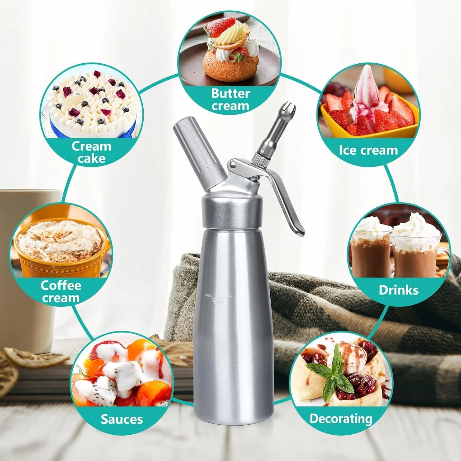 500 ml Sifón de Cocina Espumas, con 3 Boquillas y 1 Cepillo, Sifon de Nata para Decorar Pasteles de Cumpleaños