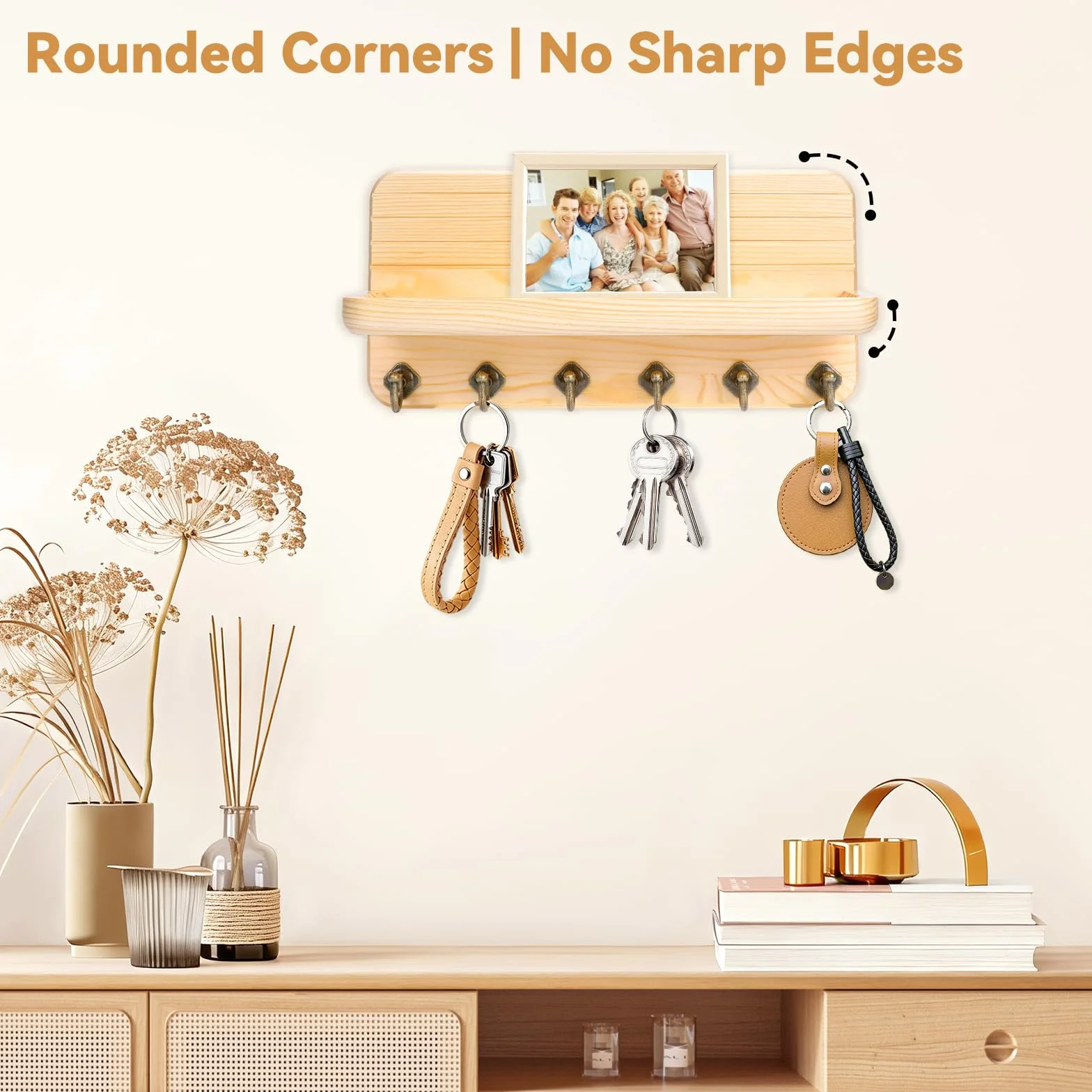 Colgador Llaves Pared Cuelga Llaves con 6 Ganchos Porta Llaves de Pared para Salón, Entrada, Pasillo, Oficina (Color Madera)
