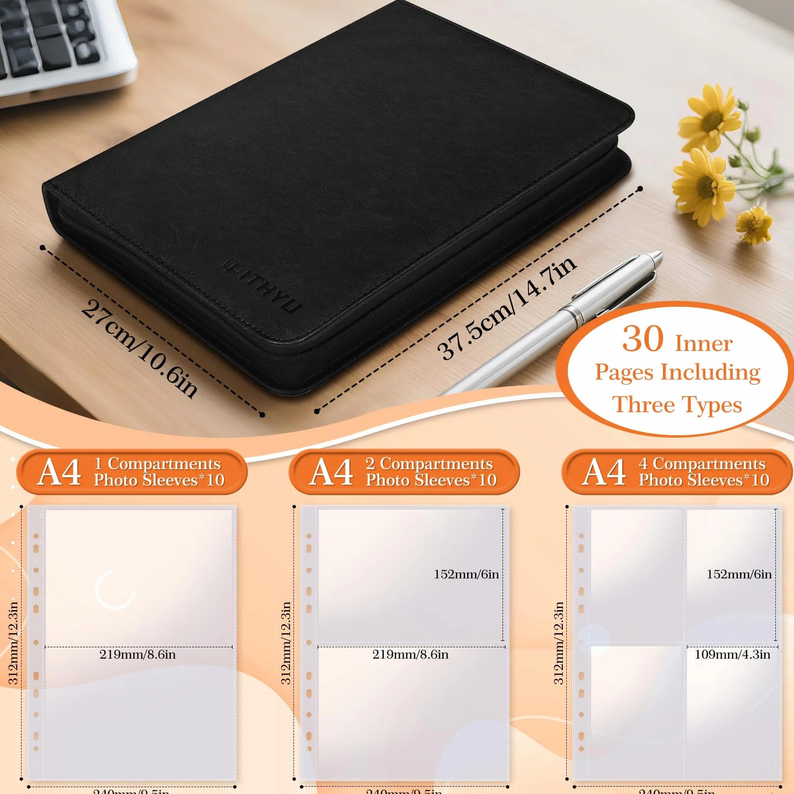 Álbum de Fotos A4 de Cuero PU con Fundas Transparentes Extraíbles - 30 Páginas (Tres Tipos de Bolsillos, Doble Cara) + Cremallera Impermeable - Para Fotos, Recuerdos de Bebé y Documentos (Negro)