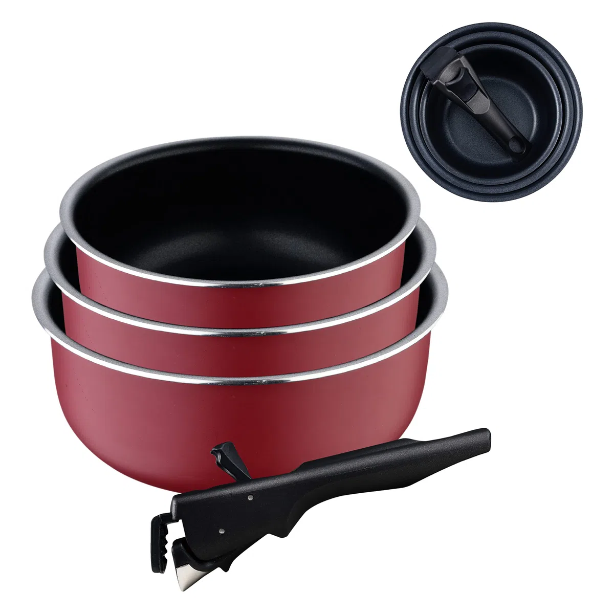 Bergner Red Edition | Juego de 3 Cazos de Cocina de 16, 18 y 20 cm + Mango Extraíble | Aluminio Prensado y Antiadherente | Todo Tipo de Cocinas y Horno