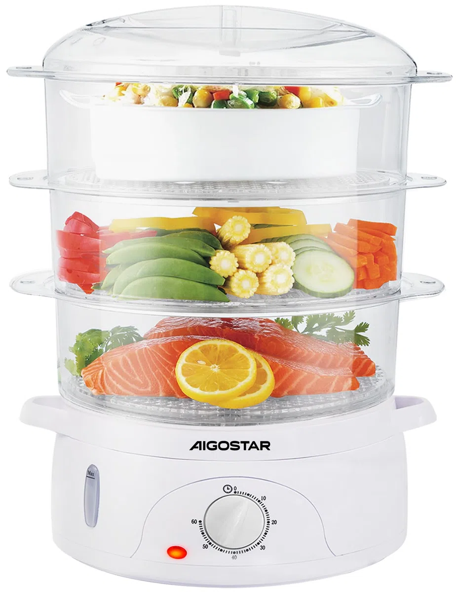 Aigostar Fitfoodie 30CFO Vaporera Eléctrica 9L 800W Libre de BPA Temporizador 60 Minutos 3 Recipientes Apilables