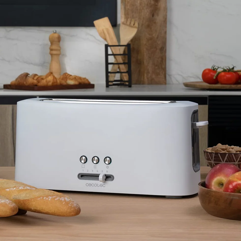 Cecotec Tostadora Toast&Taste 10000 Extra White. 980 W, Ranura larga extraancha, Función Recalentar, Descongelar y Cancelar, Plástico, Varillas superiores, Blanco