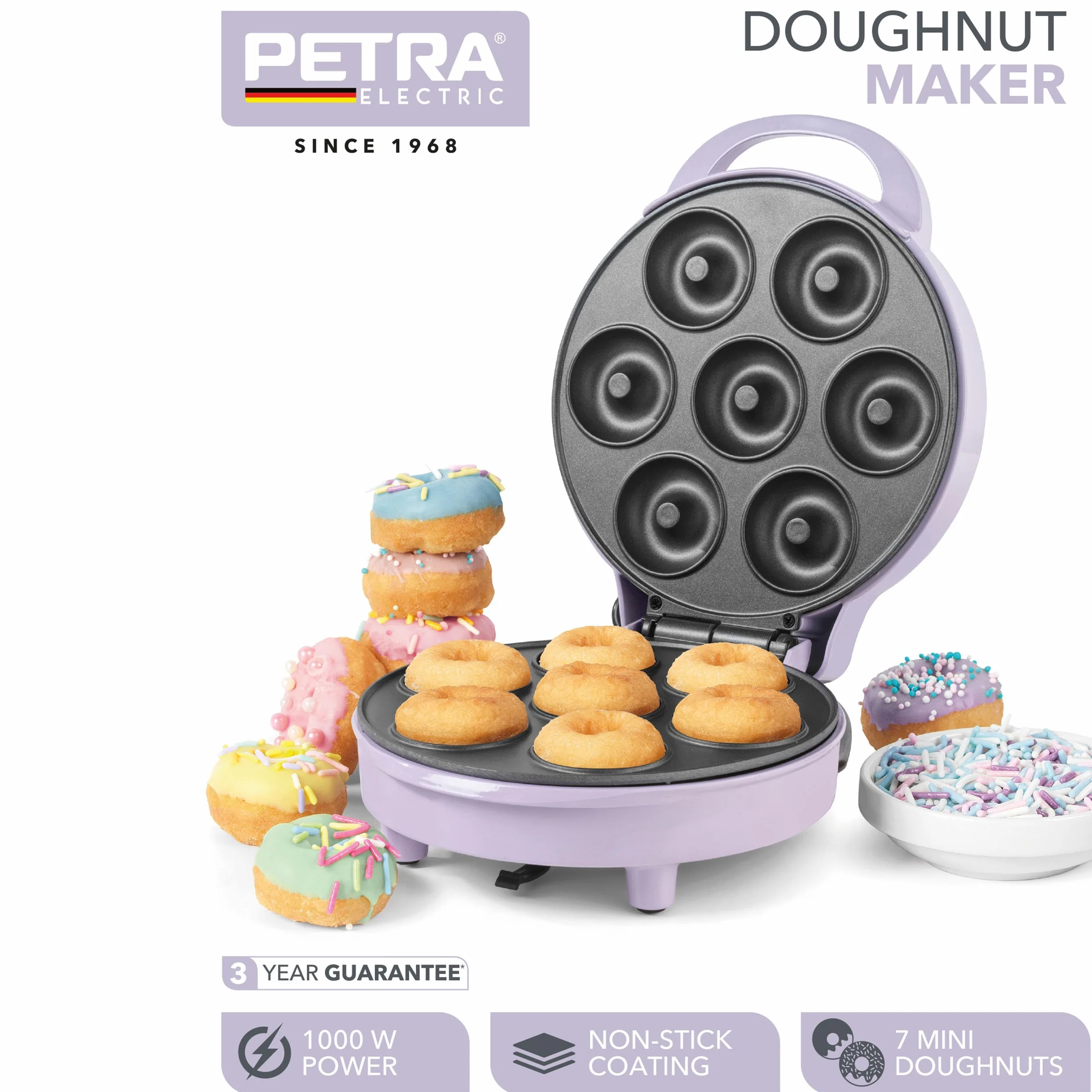 Petra Máquina para hacer donas - Rinde 7 mini donas, placa de cocción antiadherente, fácil de limpiar, luces indicadoras de encendido y listo, control automático de temperatura, 1000 W, PT6222PPVDE