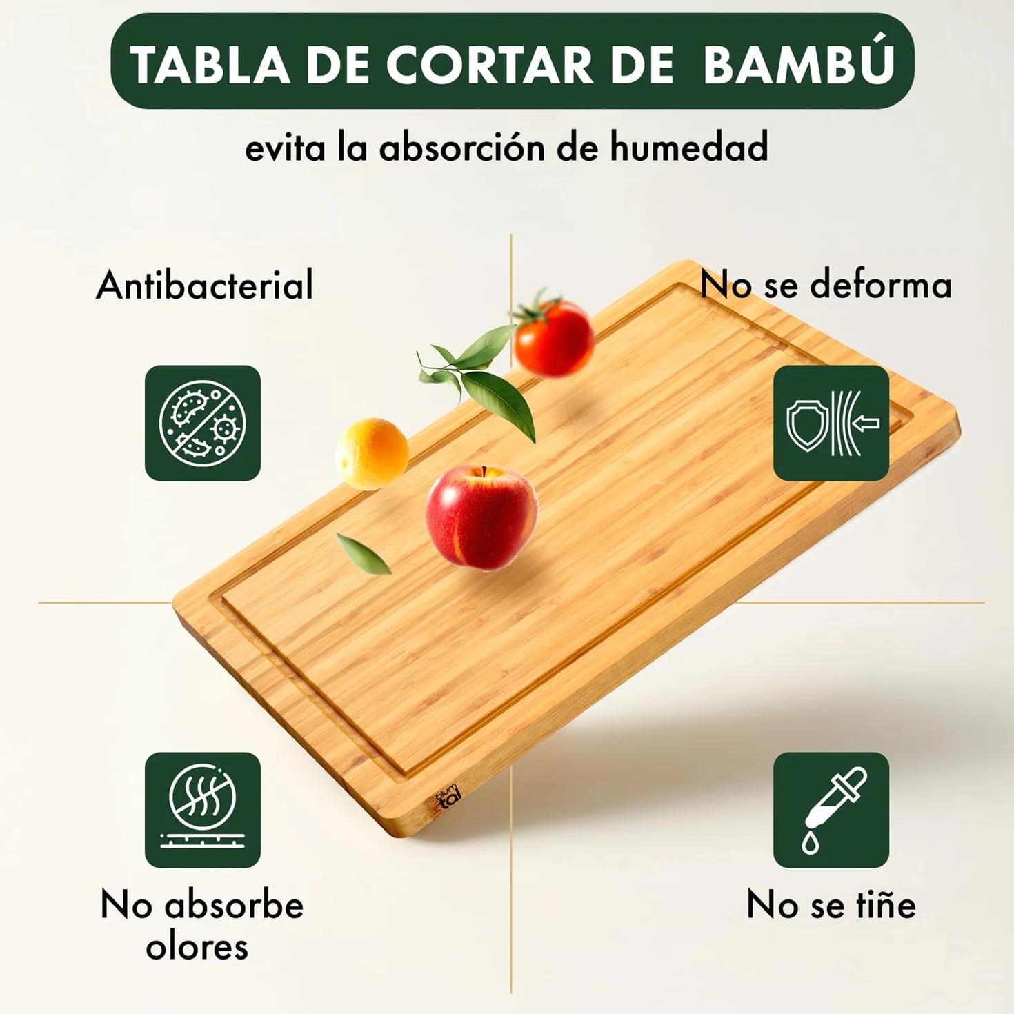 Blumtal Tabla De Cocina 100% Bambú - Tabla de Cortar de madera Resistente, Antiséptica, 43,5 x 29,5 cm
