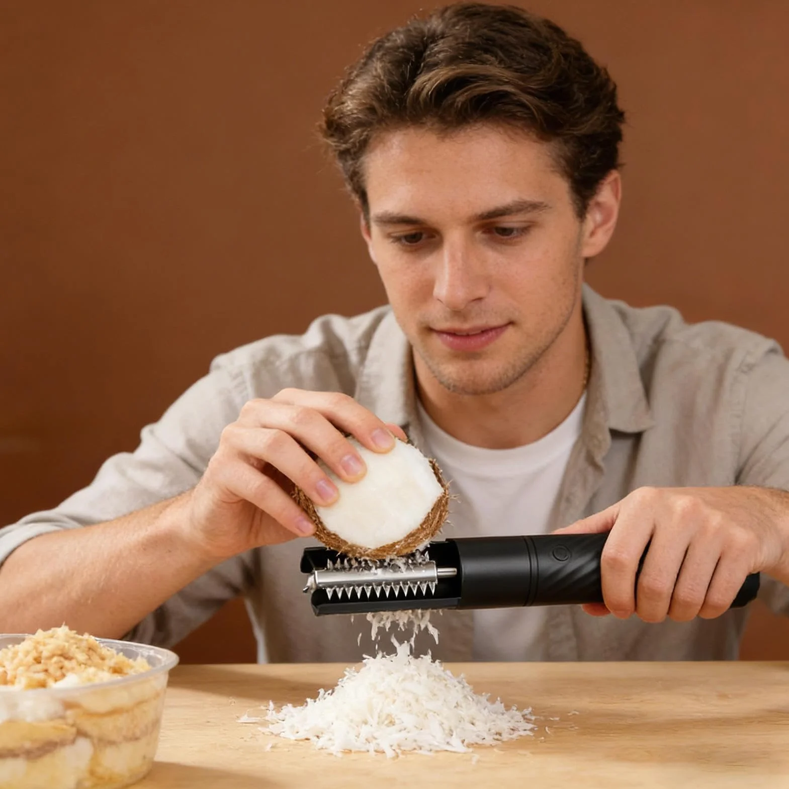 Rallador de Coco Eléctrico Inalámbrico Giratorio Antisalpicaduras de Mano