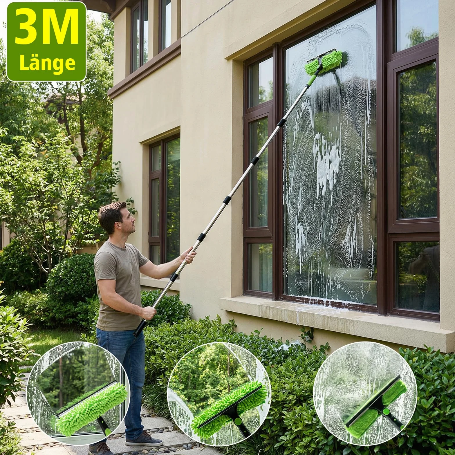 CLOPAE 3M Limpia Cristales con Mango Extensible, 2 en 1 Limpiador de Cristales con 400ML Limpia Ventanas, Kit Limpiacristales Profesional para Ducha Cristal Espejo Puerta Coche