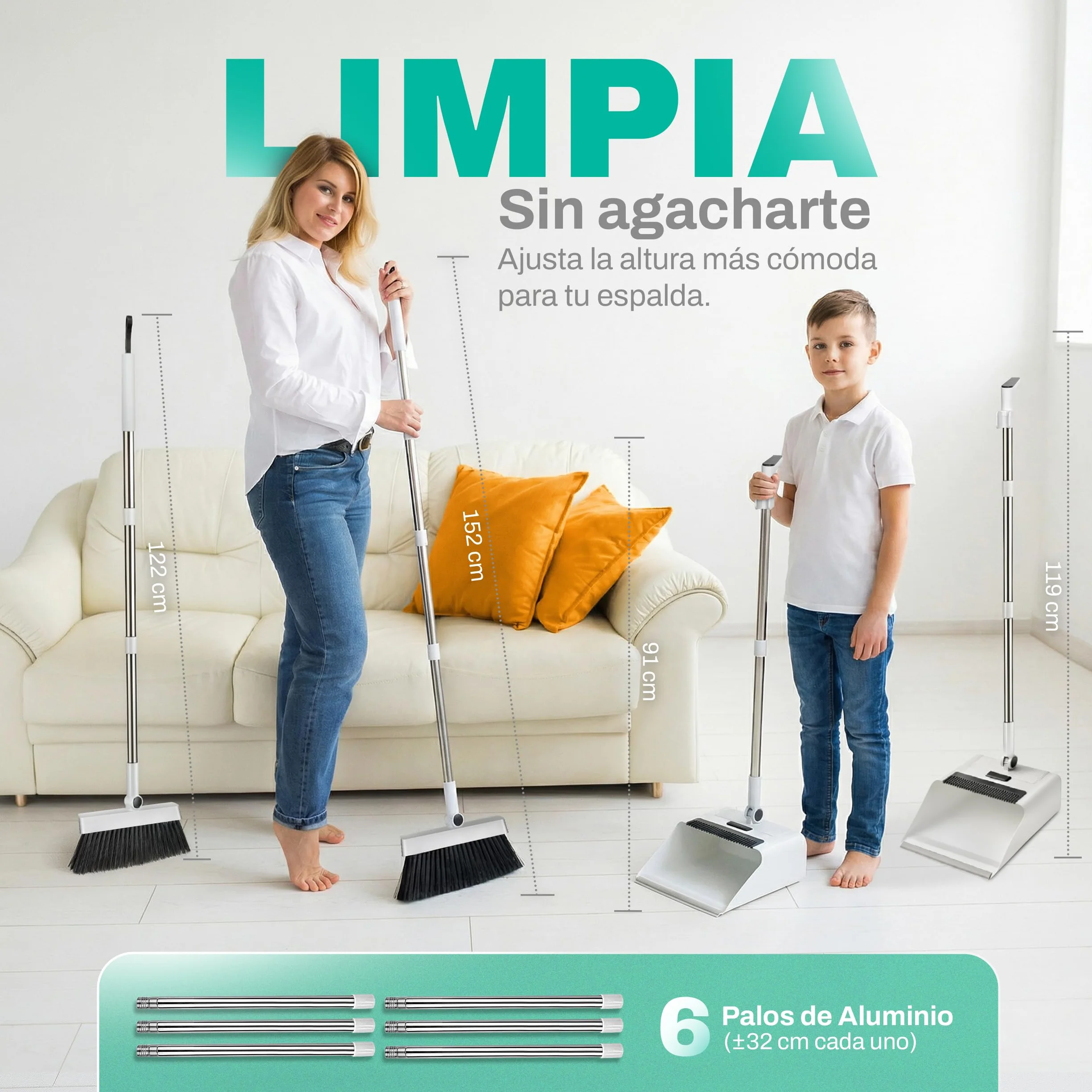 Bione Escoba y Recogedor Plegable con Palo de 126 cm - Set de Limpieza de Escoba 3 en 1 con Cepillo Barrer, Cepillo Duro, Limpiacristales Integrado, Bayeta y Recogedor Basura - Práctico y Compacto