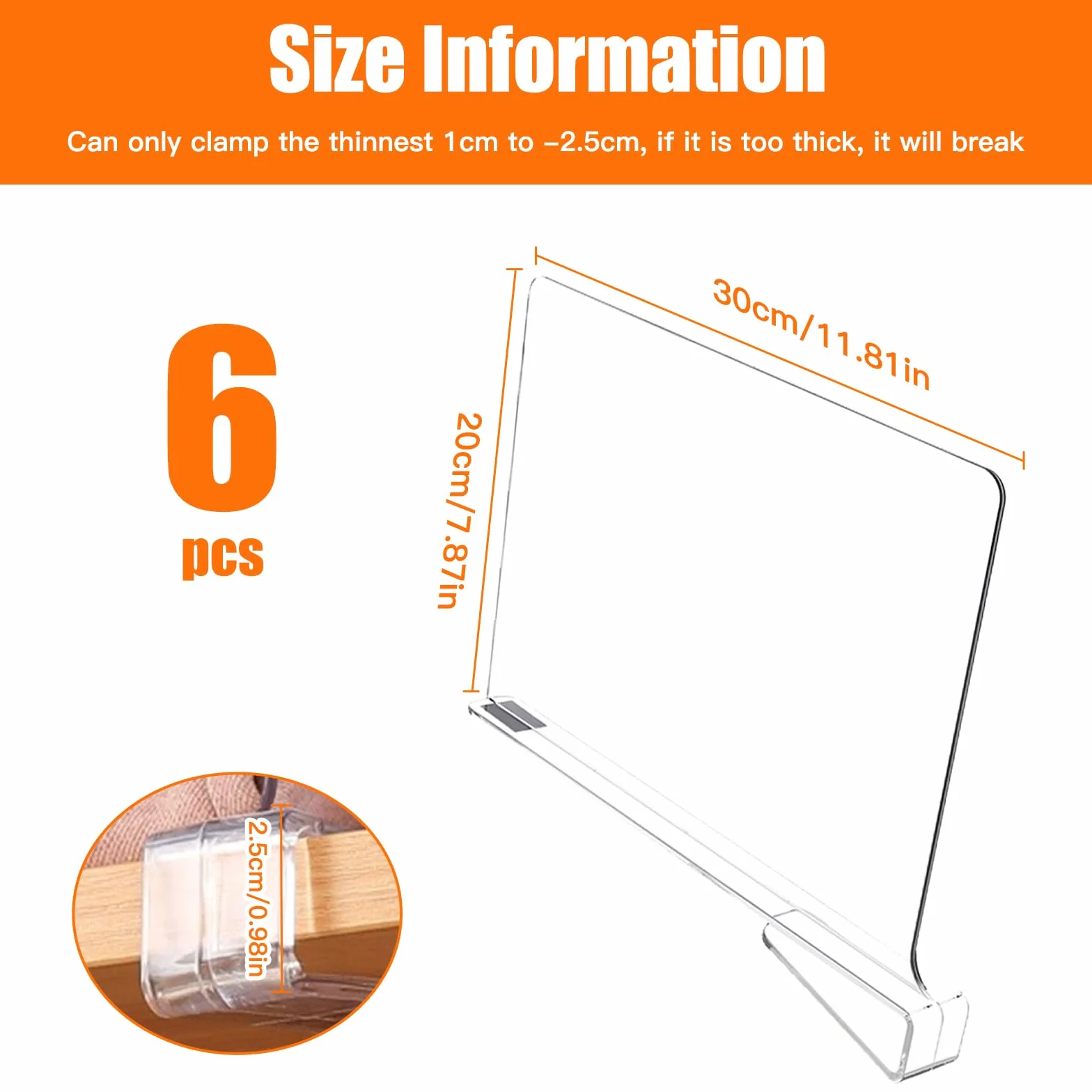 6 Pcs Separadores Acrílico Transparente, Estantería Organizador Armario Interior, Separador Almacenamiento Vertical, Estantes Organización Ropa para Dormitorio, Cocina, Librerías, Oficinas, Cajones