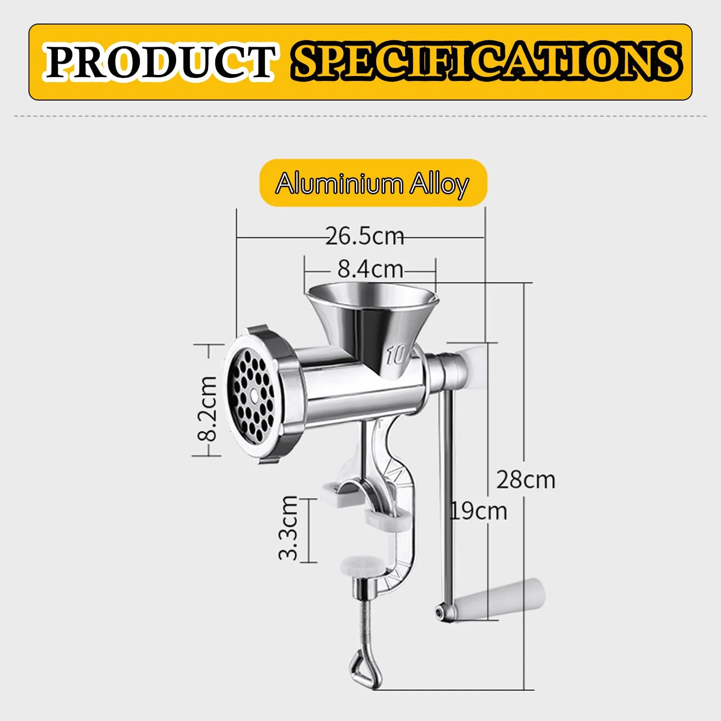 Molinillo manual multifuncional de acero inoxidable con manivela – Picadora de carne de alta resistencia, embutidora de salchichas, picadora de verduras y mezclador | Fácil de limpiar, piezas