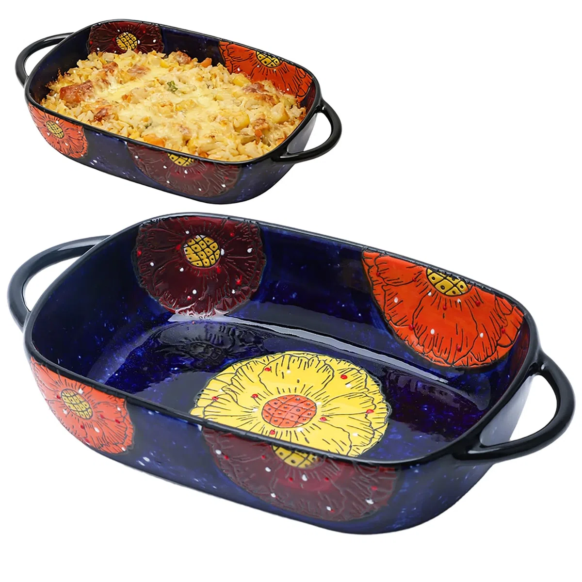 Fuente de Horno Cerámica con Asas, Moldes para Hornear Rectangulares 19,5 x 13 cm, Platos de Cerámica para Gratinar, Lasagna, Pasta, Carne, para Horno, Microondas (Azul Oscuro)