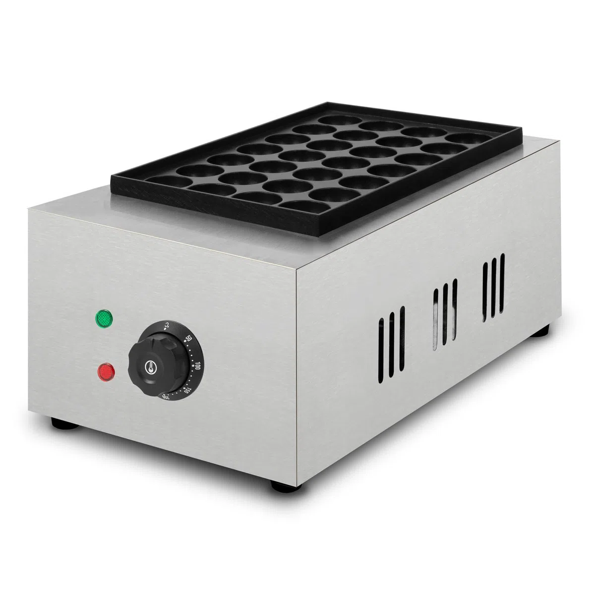 VERTES Takoyaki Maker eléctrica 2000W, carcasa de acero inoxidable, temperatura regulable hasta 300 °C, placa de parrilla de hierro fundido con revestimiento antiadherente, 28 hendiduras redondas