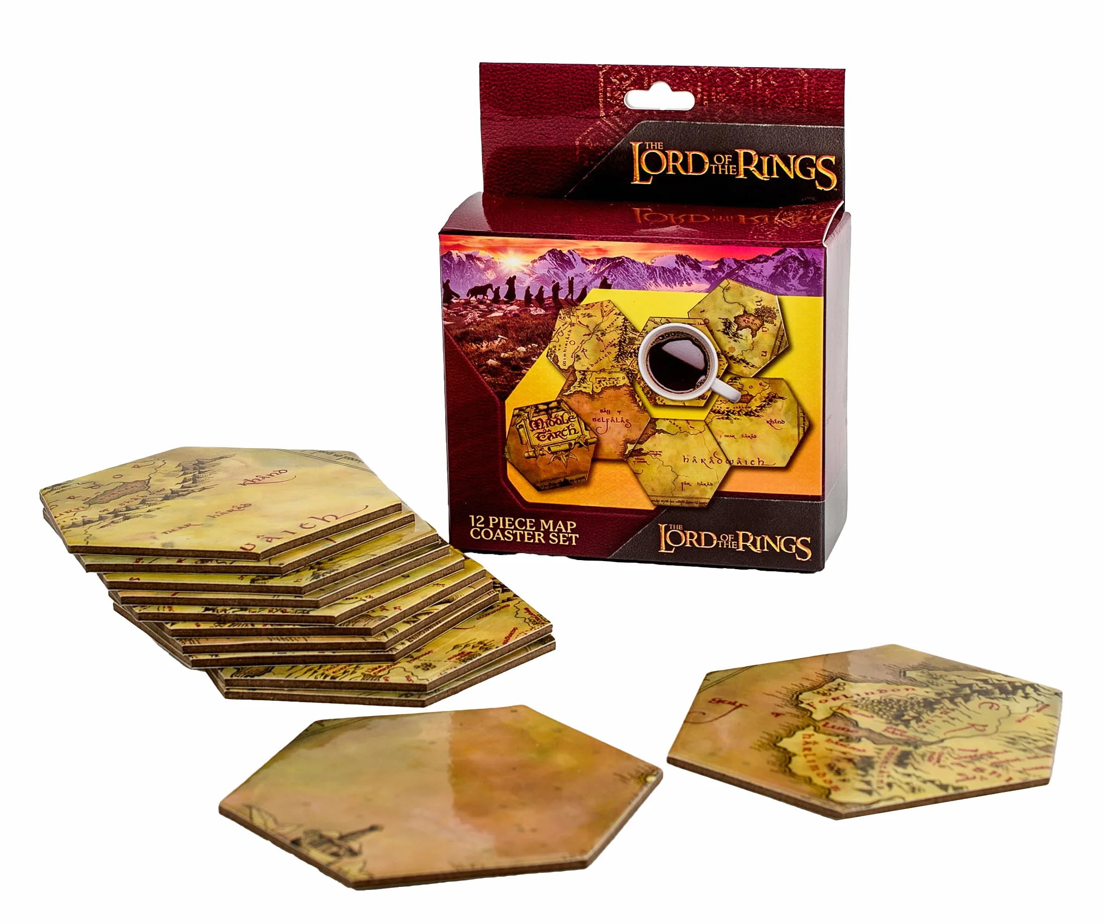 Juego de posavasos hexagonales El Señor de los Anillos: la Tierra Media, licencia oficial, decoración coleccionable
