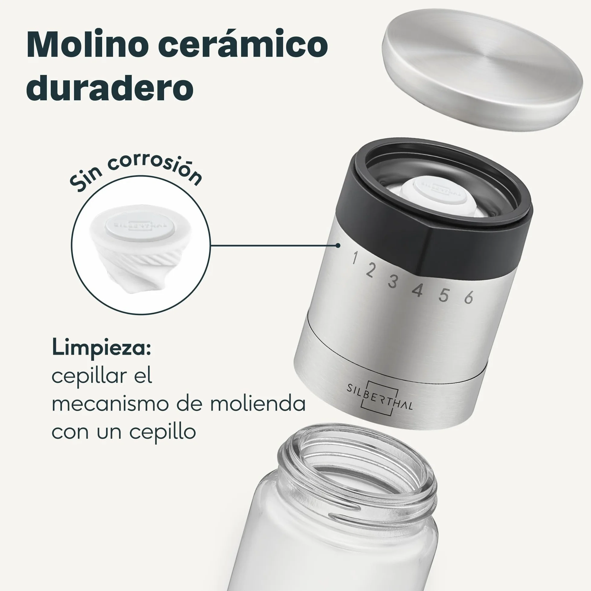 SILBERTHAL Molinillo de pimienta y sal - Ajustable a 6 niveles - Muela cerámica - Tapa hermética y cristal apto para lavavajillas