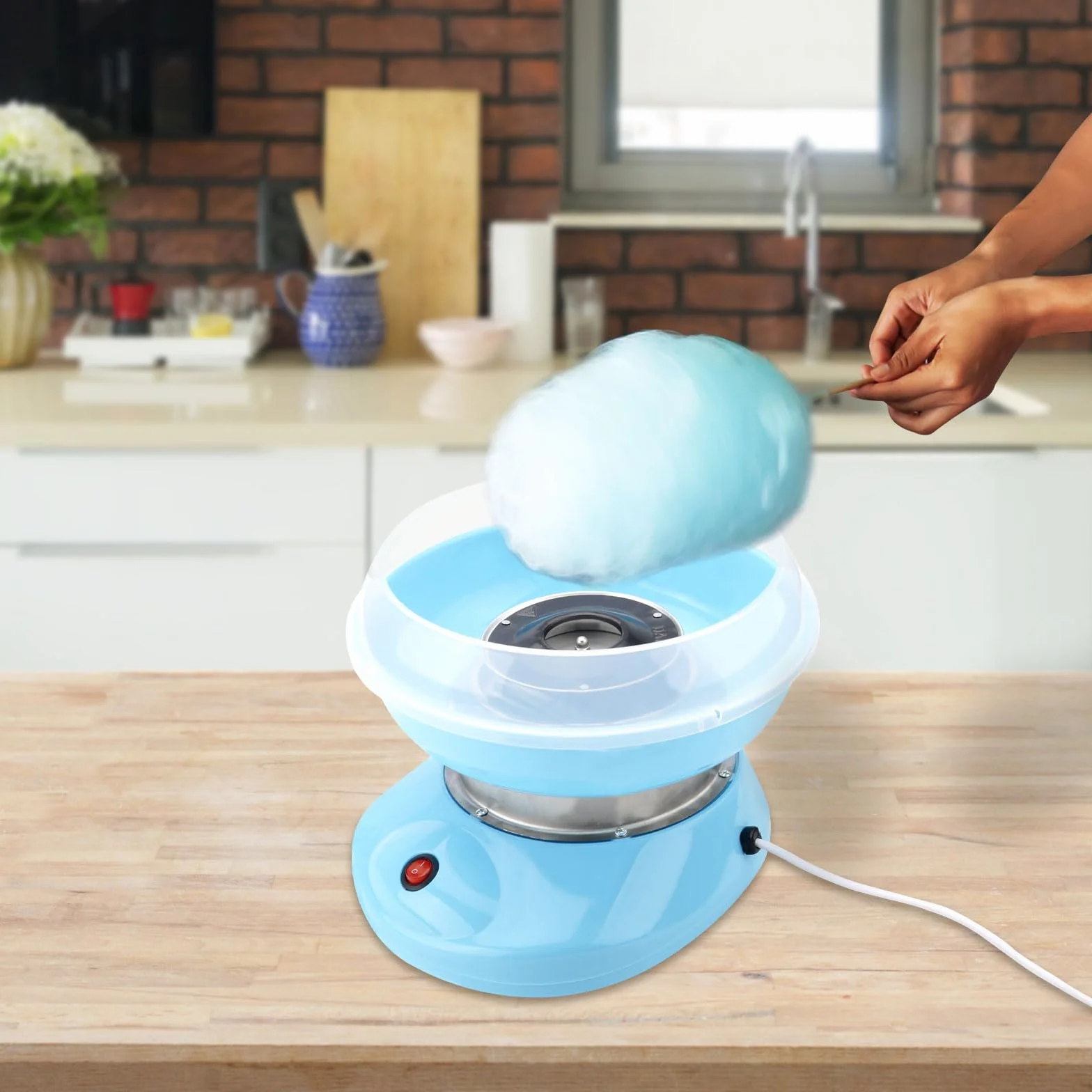 DAWRIS Máquina de algodón de azúcar para niños azul con 10 varillas y cuchara medidora