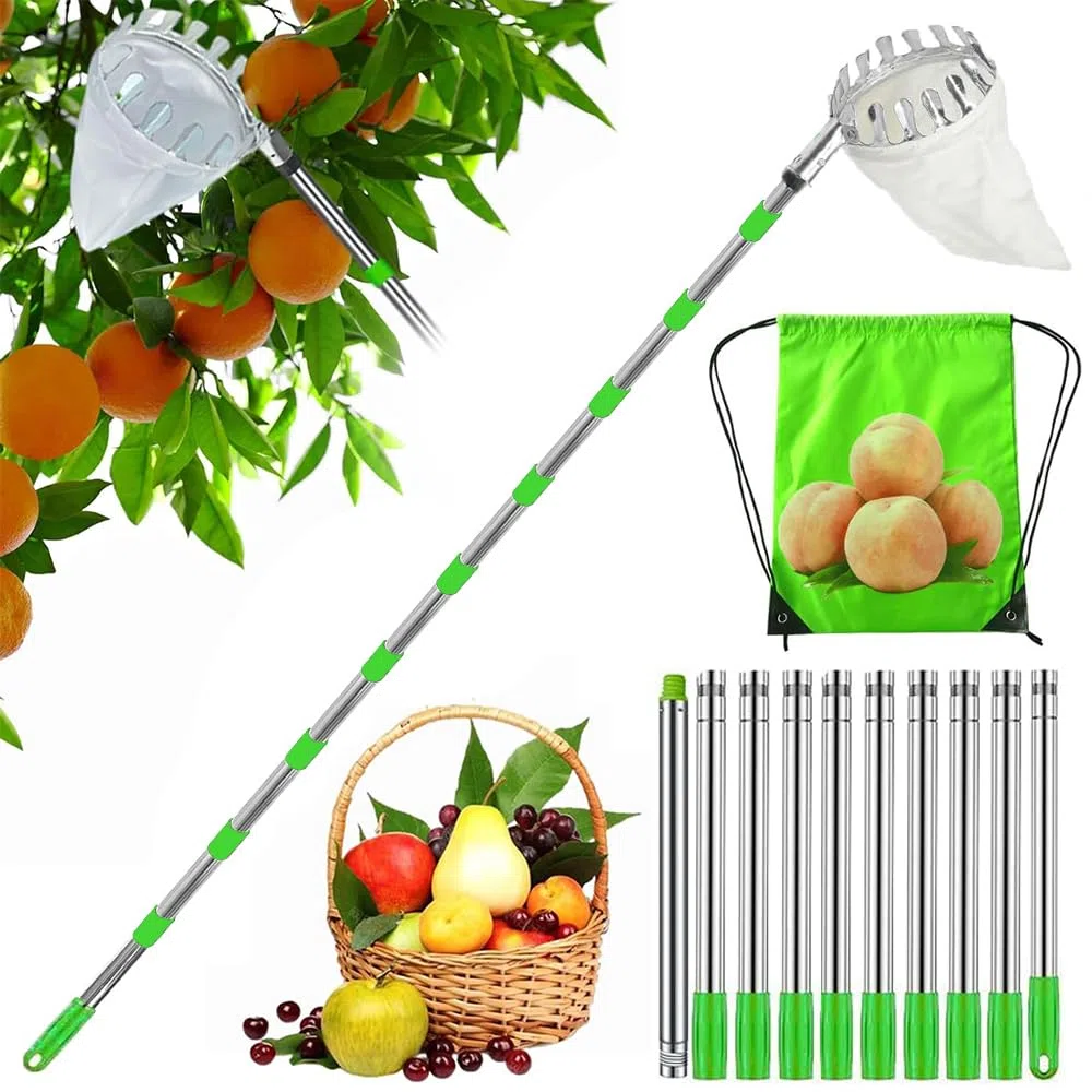 HEYIDAMAI Recogedor de fruta, Recogedor de manzanas, Ayuda para la recolección 4M, Recogedor de frutas Fácil de montar, Recogedor de cerezas con ligera extensión de acero inoxidable, Barra de conexión