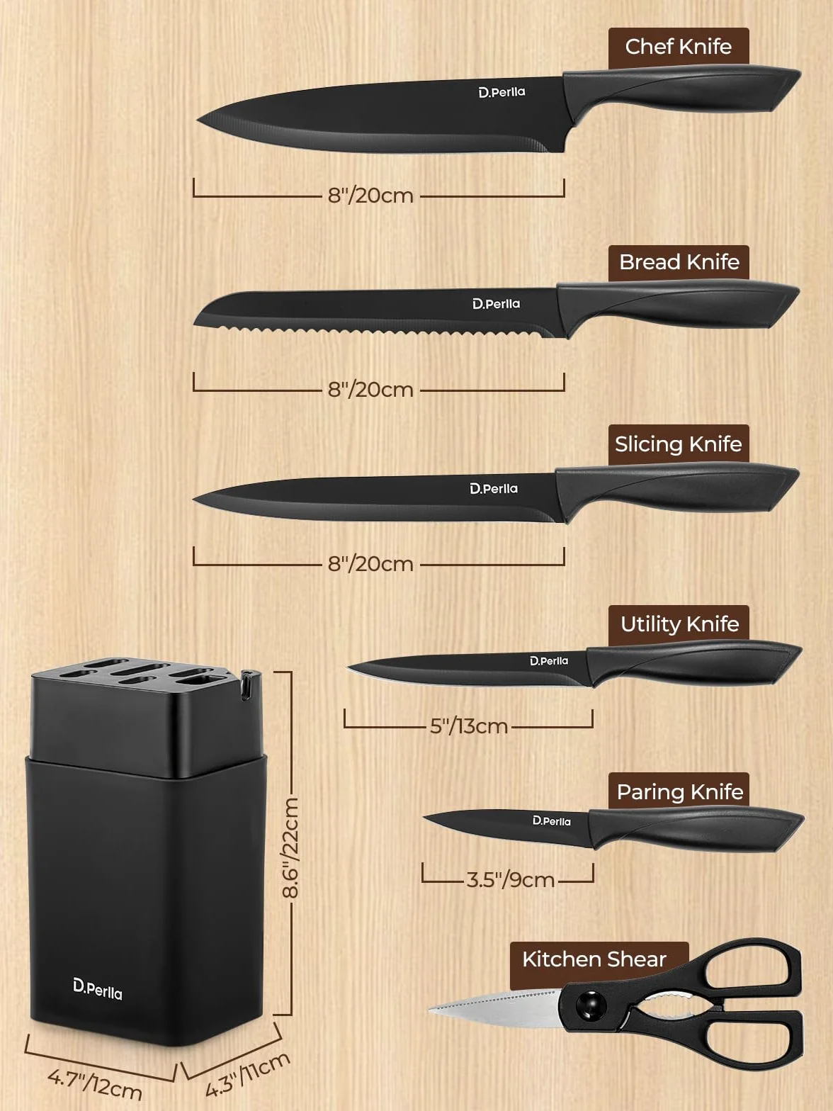 D.Perlla Juego de Cuchillos de Cocina 7 Piezas, Acero Inoxidable, Bloque con Afilador Integrado