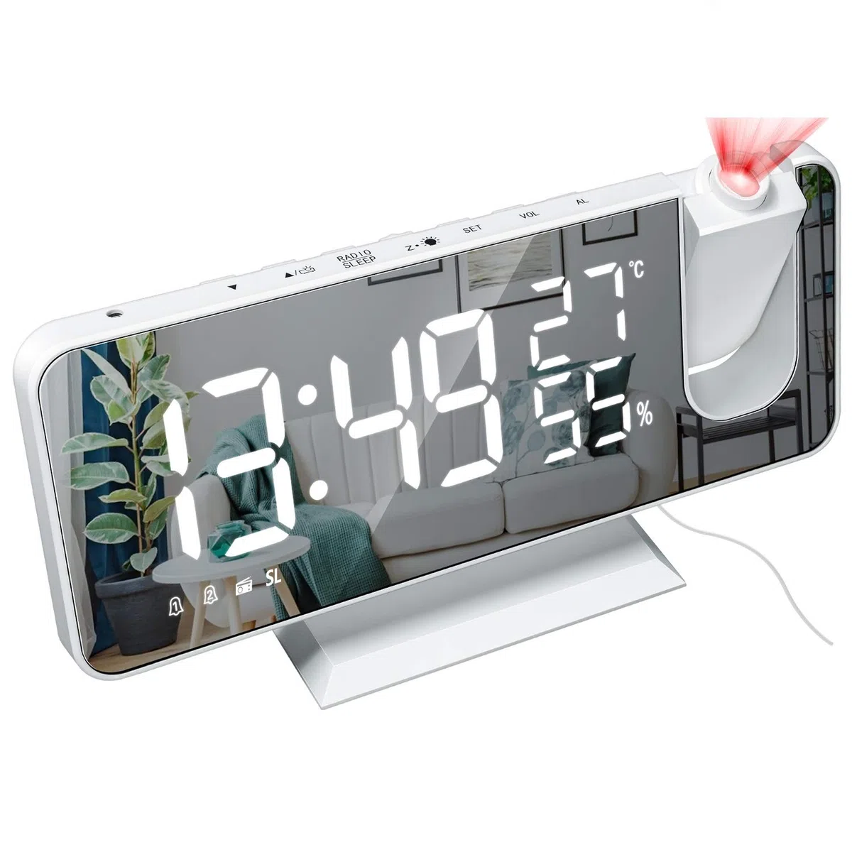 DollaTek Radio LED Projection Alarm Clock Digital Temperature Humidity White