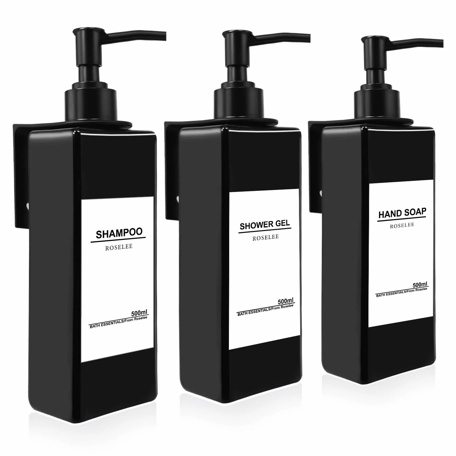 3 Piezas Dispensador Jabon Pared, Sin Taladrar 500ml Gel y Champu Ducha con 3 Soportes y Etiquetas Impermeables para Cocina y Baño
