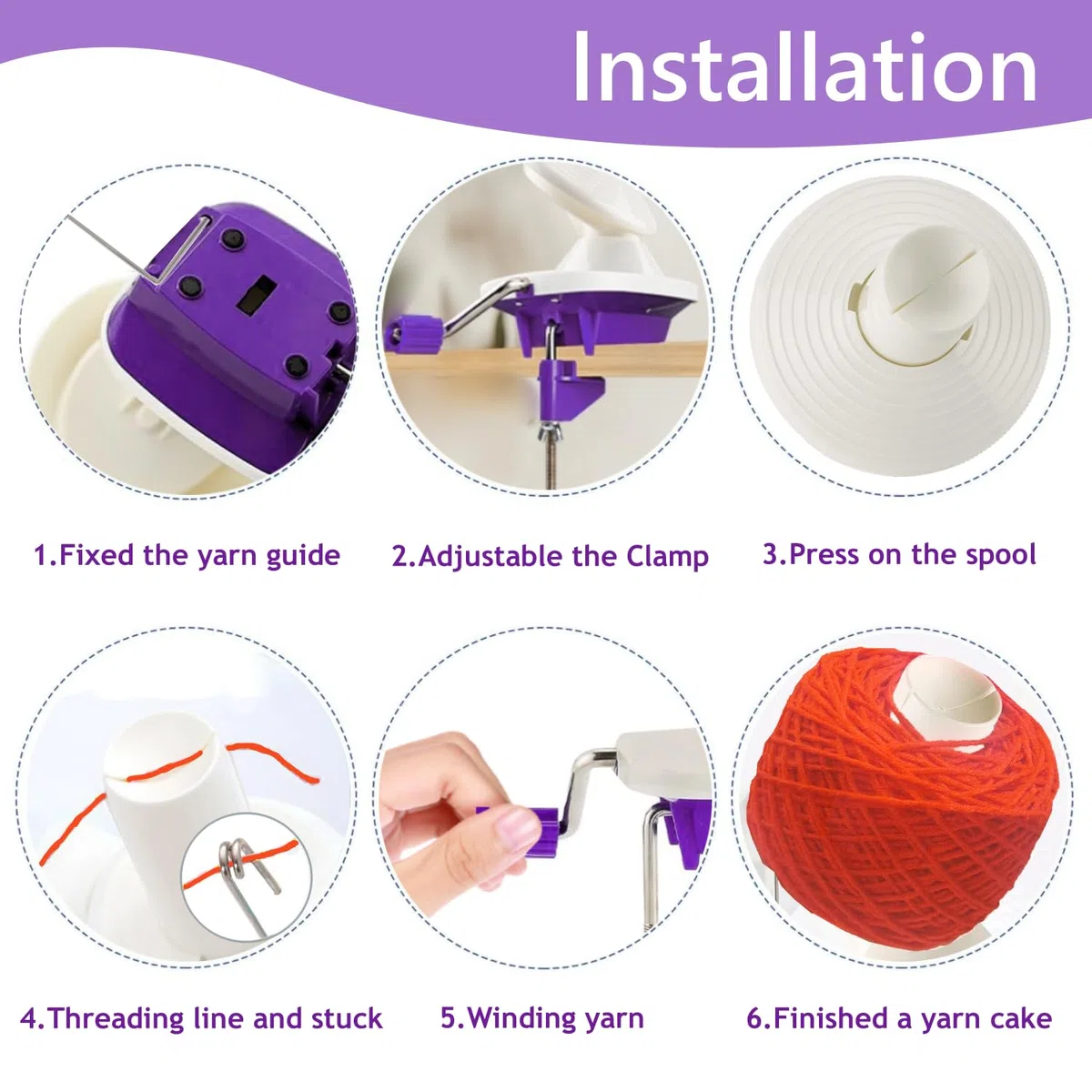 Bobinador de bolas de hilo, enrollador de bolas moradas a mano para hilo, enrollador de hilo con fácil instalación para almacenamiento de hilo + 2 piezas de ganchillo ajustables + 10 agujas de tejer +
