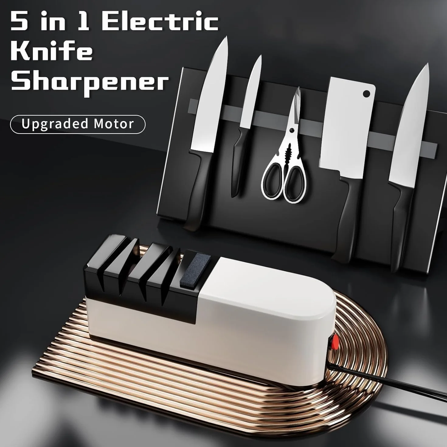 Afilador de cuchillo eléctrico, sistema de afilado 5 en 1 con espalda recta, Afilador de cuchillo de diamante profesional para afilado grueso, reparación y afilado de cuchillos (T45673298)