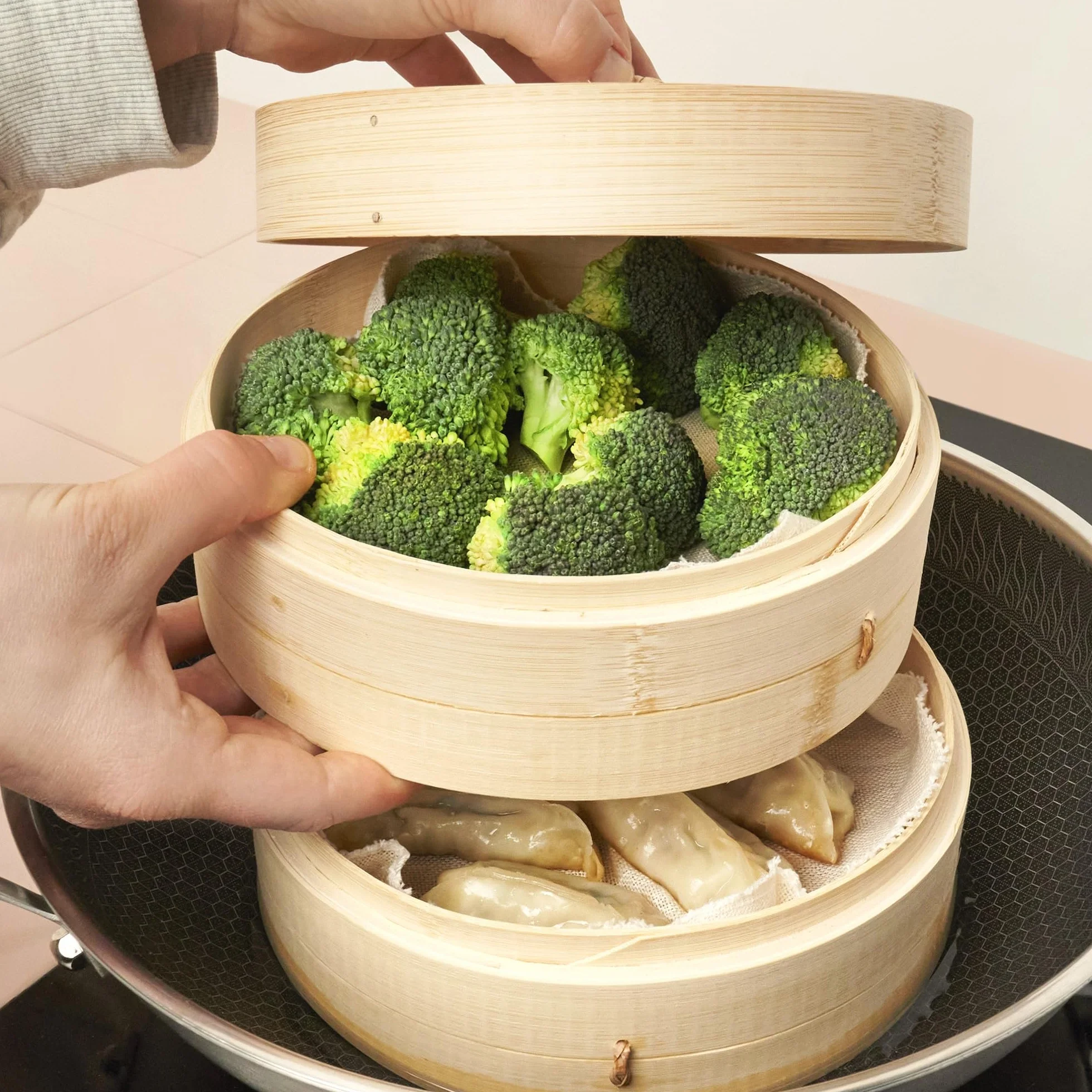 Vaporera de bambú REISHUNGER Ø 25 cm 2 Pisos para arroz, dim sum, verduras, pescado y carne
