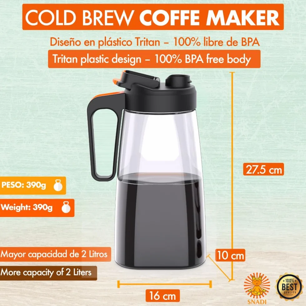 Jarra cold brew 2 Litros Infusionador con filtro de maya fina tapa hermética Tritan libre de BPA