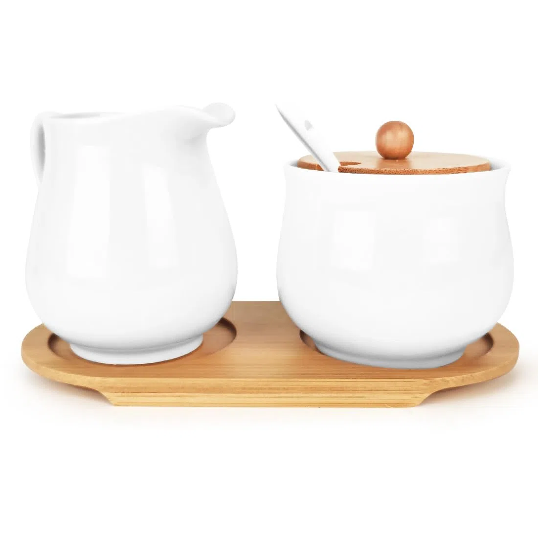 Juego de Leche y Azúcar, Jarra de Porcelana Blanca y Azucarero con Tapa y Cuchara, Recipiente de Cerámica con Bandeja, Apto para Lavavajillas