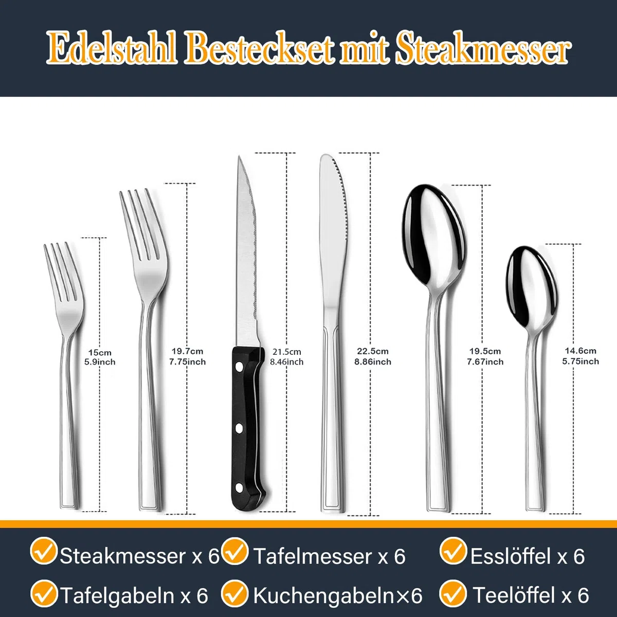 Juego de cubiertos 6 Personas, Hunnycook 36 Piezas Juego de cubiertos con Cuchillo para Carne, Set de Cubiertos de Acero Inoxidable con Cuchillo Tenedor Cuchara para, Apto para Lavavajillas