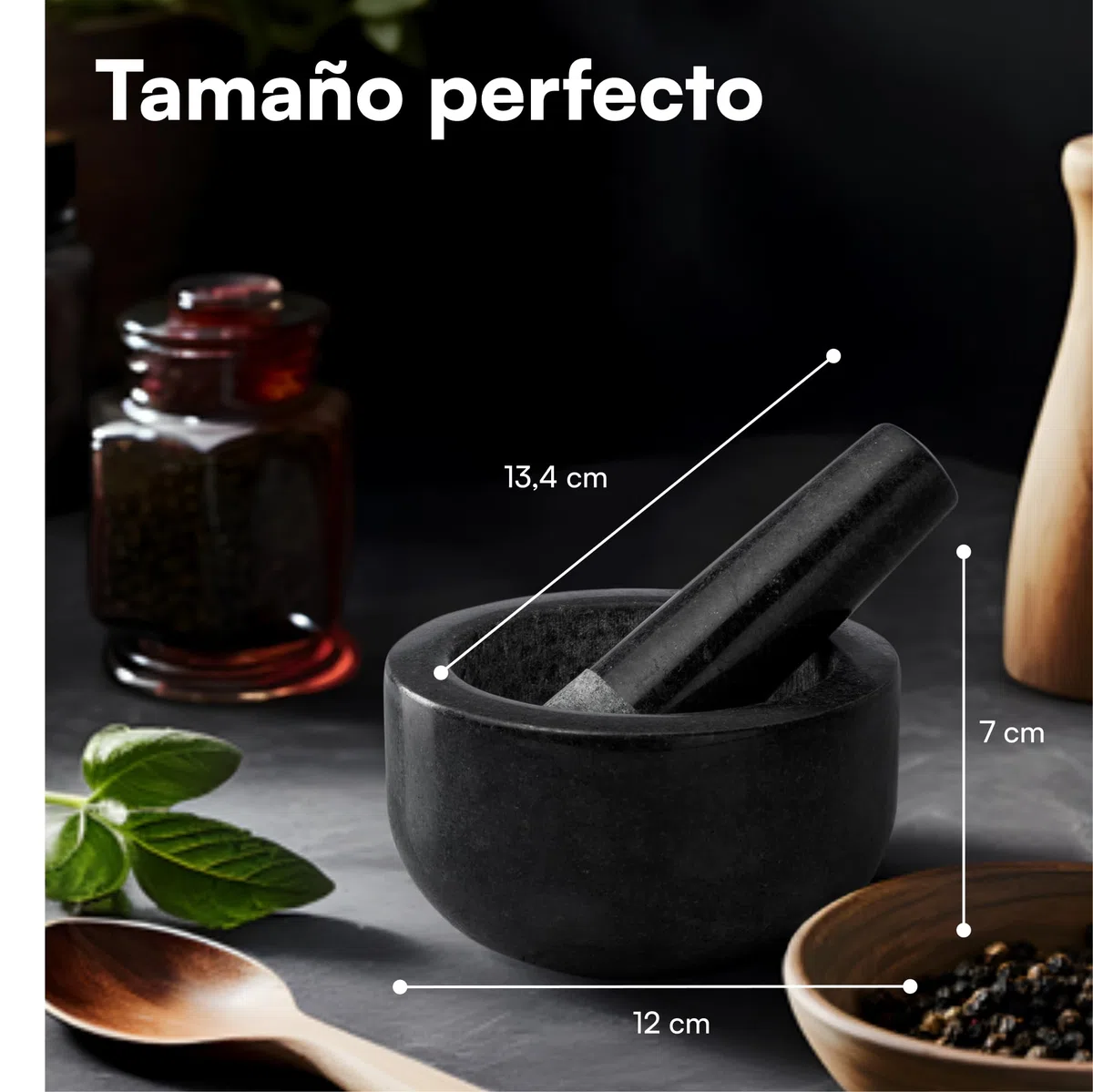 H&S Set de Mortero - Mortero Cocina de Piedra Maciza de Granito Negro para Machacar y Triturar Especias - Set Molcajete Grande de Cocina para Moler - Mortero Piedra Negra