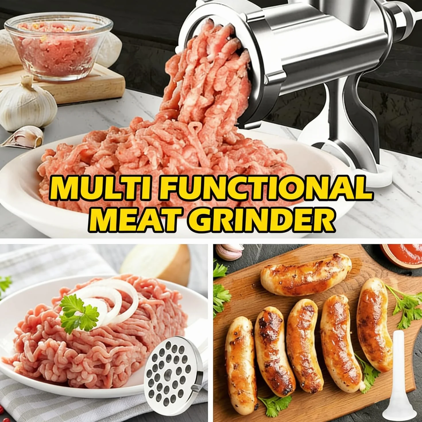Molinillo manual multifuncional de acero inoxidable con manivela – Picadora de carne de alta resistencia, embutidora de salchichas, picadora de verduras y mezclador | Fácil de limpiar, piezas