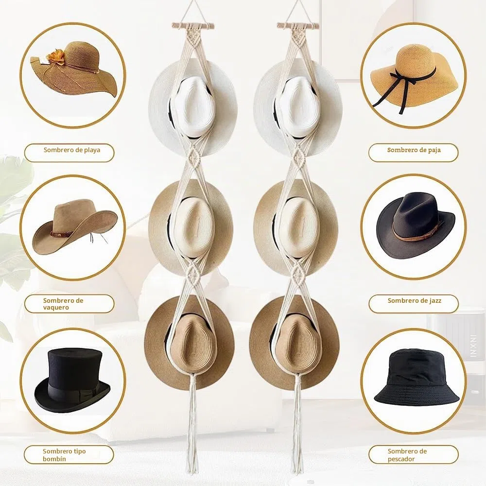 Paquete de 2 perchas para sombreros de macramé, soporte de cuerda de algodón para sombreros, soporte para gorras, perchas para puertas para sombreros de ala ancha, bufandas, bolsos, toallas