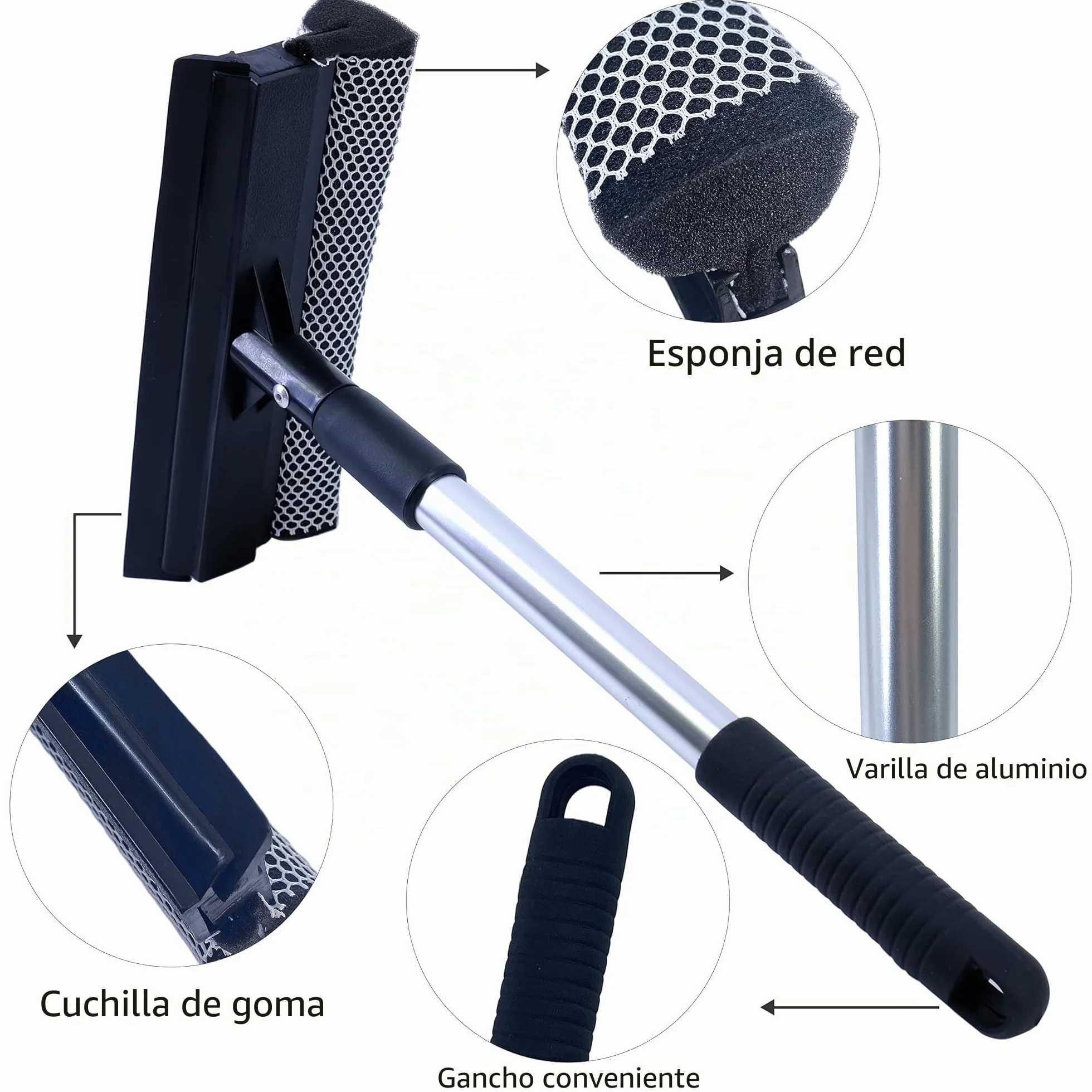 Polyte - Espátula limpiacristales para ventanillas y Ventanas - Mango telescópico de Aluminio de 36 a 50 cm - Negro