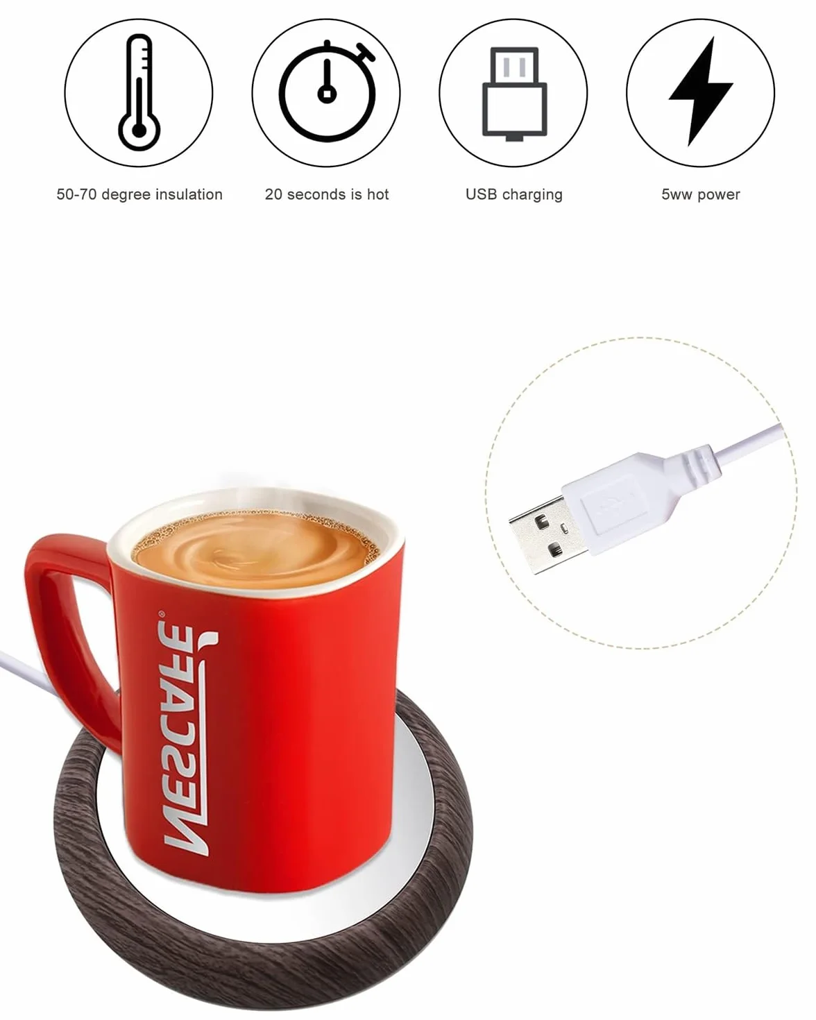 MYMULIKE JRBD-SMW-DE Calentador de tazas de café y té USB 45°C acero aluminio marrón