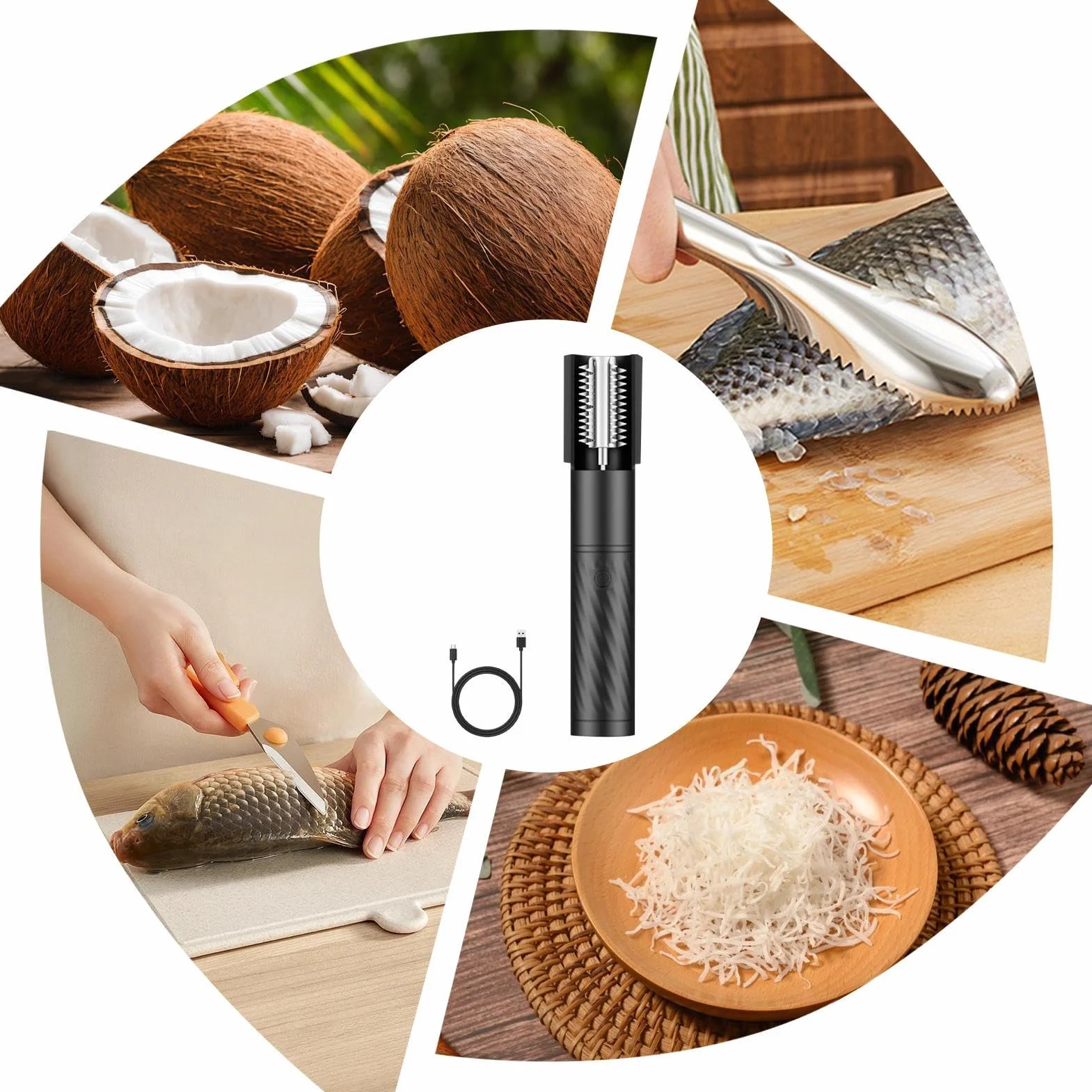 Rallador de Coco Eléctrico Inalámbrico Giratorio Antisalpicaduras de Mano