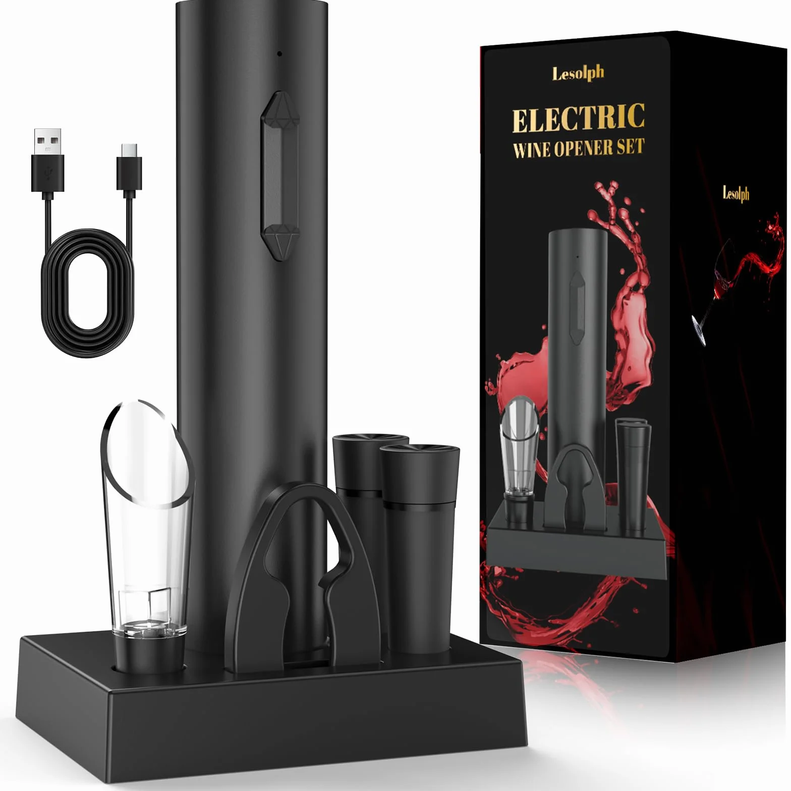 Sacacorchos eléctrico recargable, abridor de vino electrico saca rolhas regalos para hombre mujere abrebotellas con vertedor aireador, 2 tapón de vino al vacío, cortador láminas y cable USB